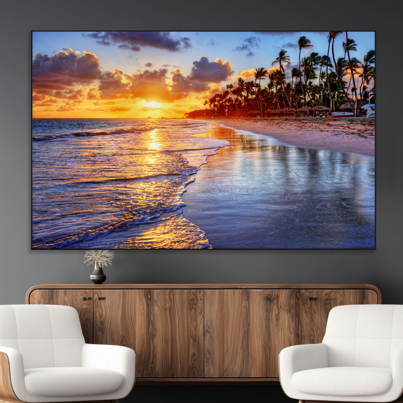 SEG-FC-51X34_Oversize - Serene Beach Sunset Wall Art Canvas- Coastal Seascape Print for Living Room or Bedroom, Ocean Waves