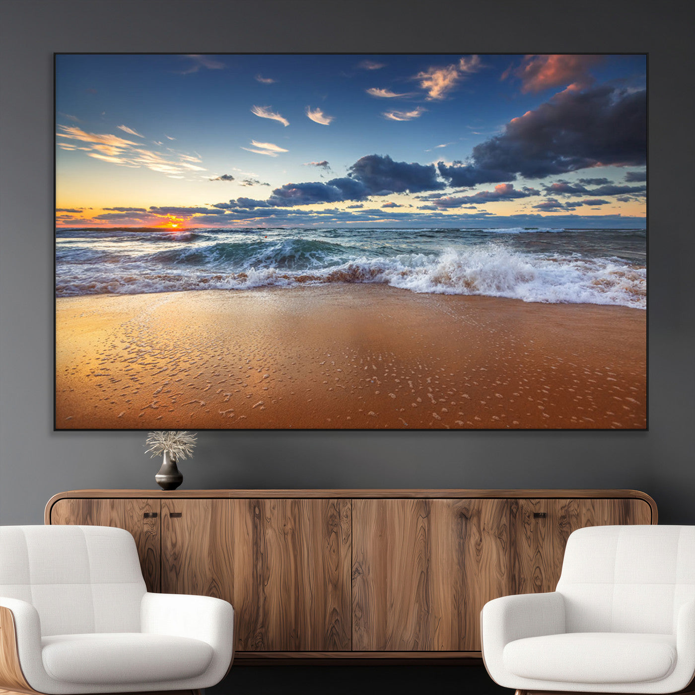 SEG-FC-51X34_Oversize - Beach Canvas Wall Art - Coastal Seascape Print for Living Room or Bedroom, Ocean Waves on Sand,
