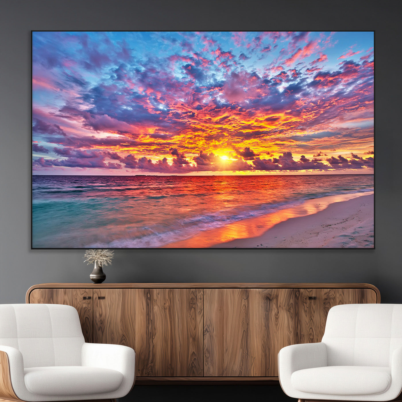 SEG-FC-51X34_Oversize - Vibrant Sunset Beach Wall Art - Ocean Sunset Canvas Print | Coastal Wall Art Decor Stunning Sunset