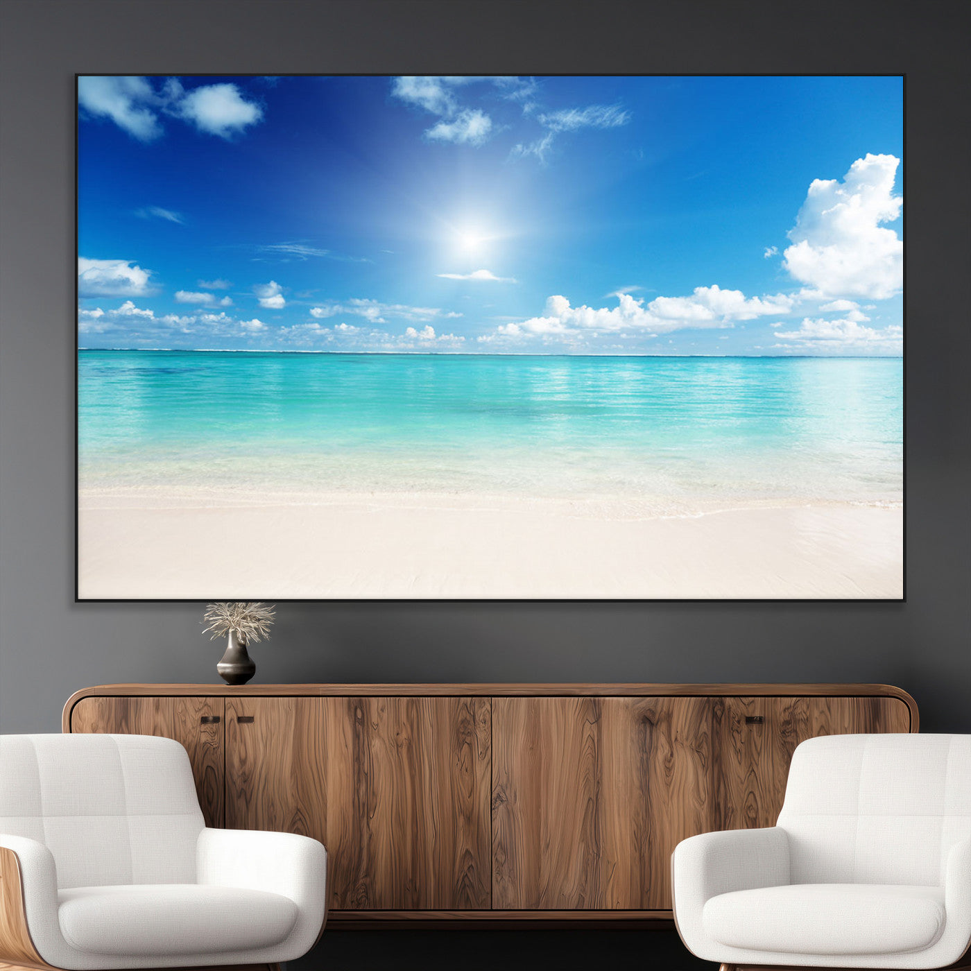 SEG-FC-51X34_Oversize - Blue Ocean Wall Art Canvas Print - Tranquil Ocean Paradise Triptych Wall Art - Ready to Hang Beach