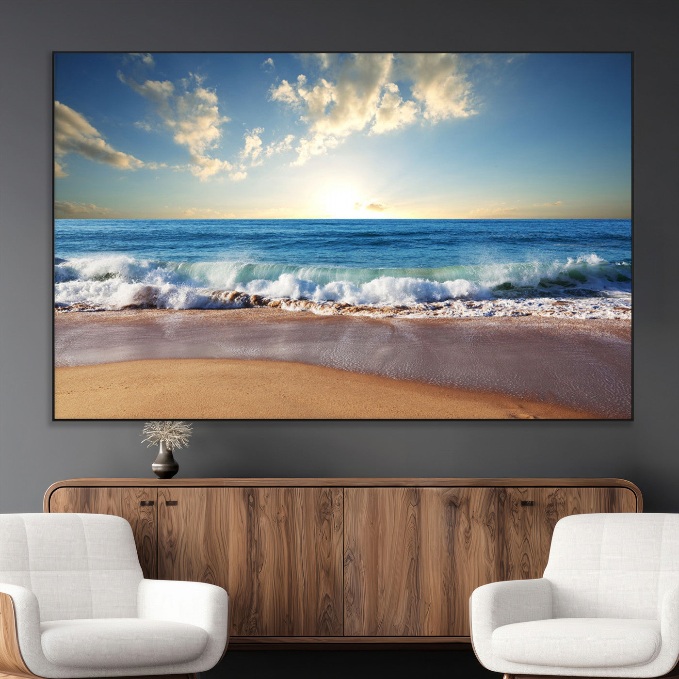SEG-FC-51X34_Oversize - Serene Ocean Sunset Canvas Wall Art - Beach Waves at Sunset, Ready to Hang