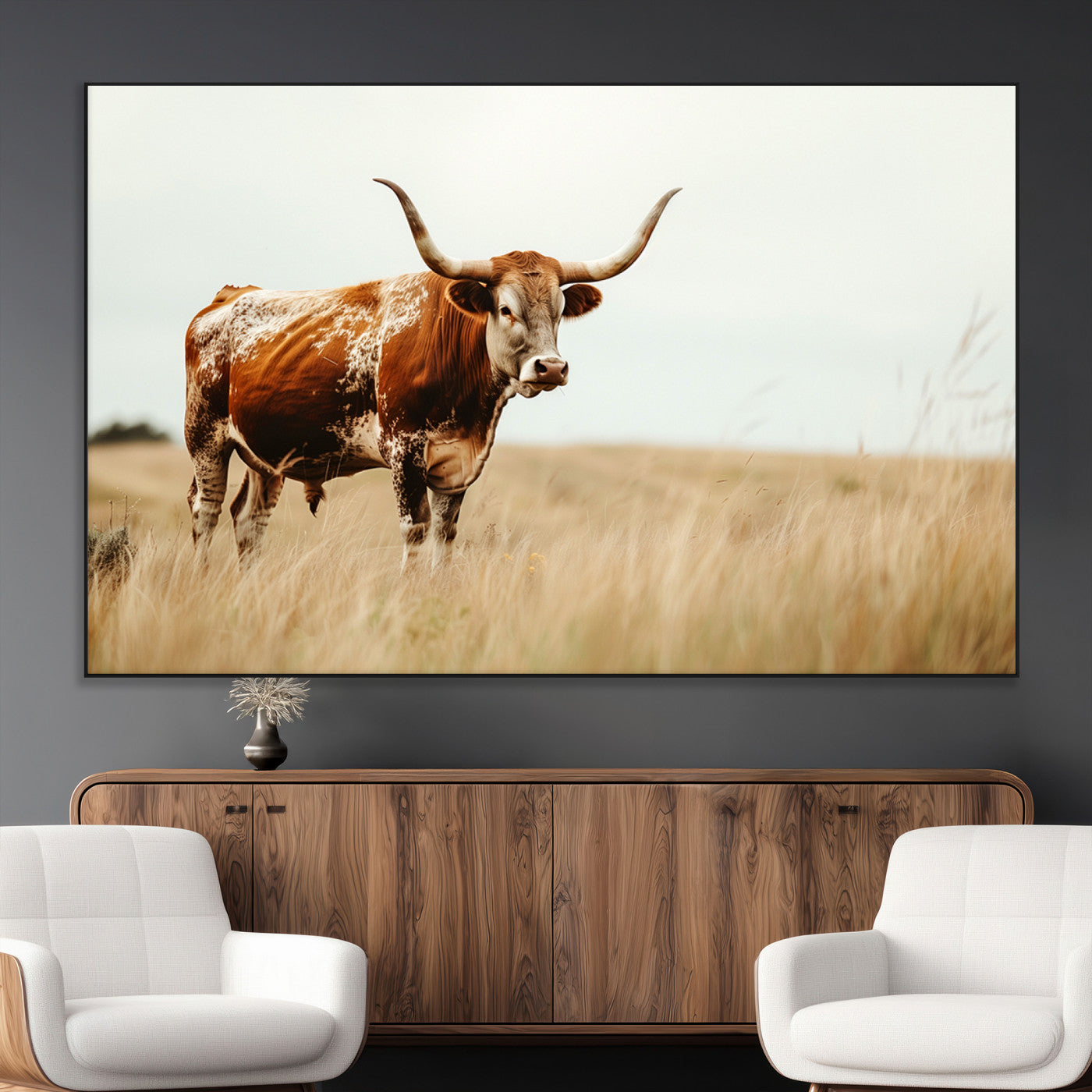 SEG-FC-51X34_Oversize - Texas Longhorn Canvas Wall Art Print – Majestic Western Cattle in Rustic Farmhouse Decor – Cow Wall
