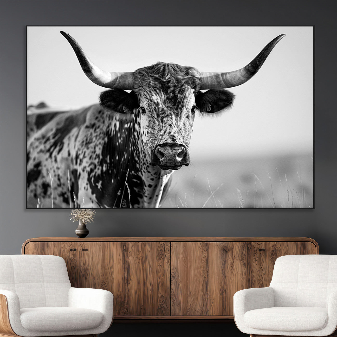 SEG-FC-51X34_Oversize - Texas Highland Cow Longhorn Canvas Print - Rustic Farmhouse Wall Art - Large Texas Longhorn