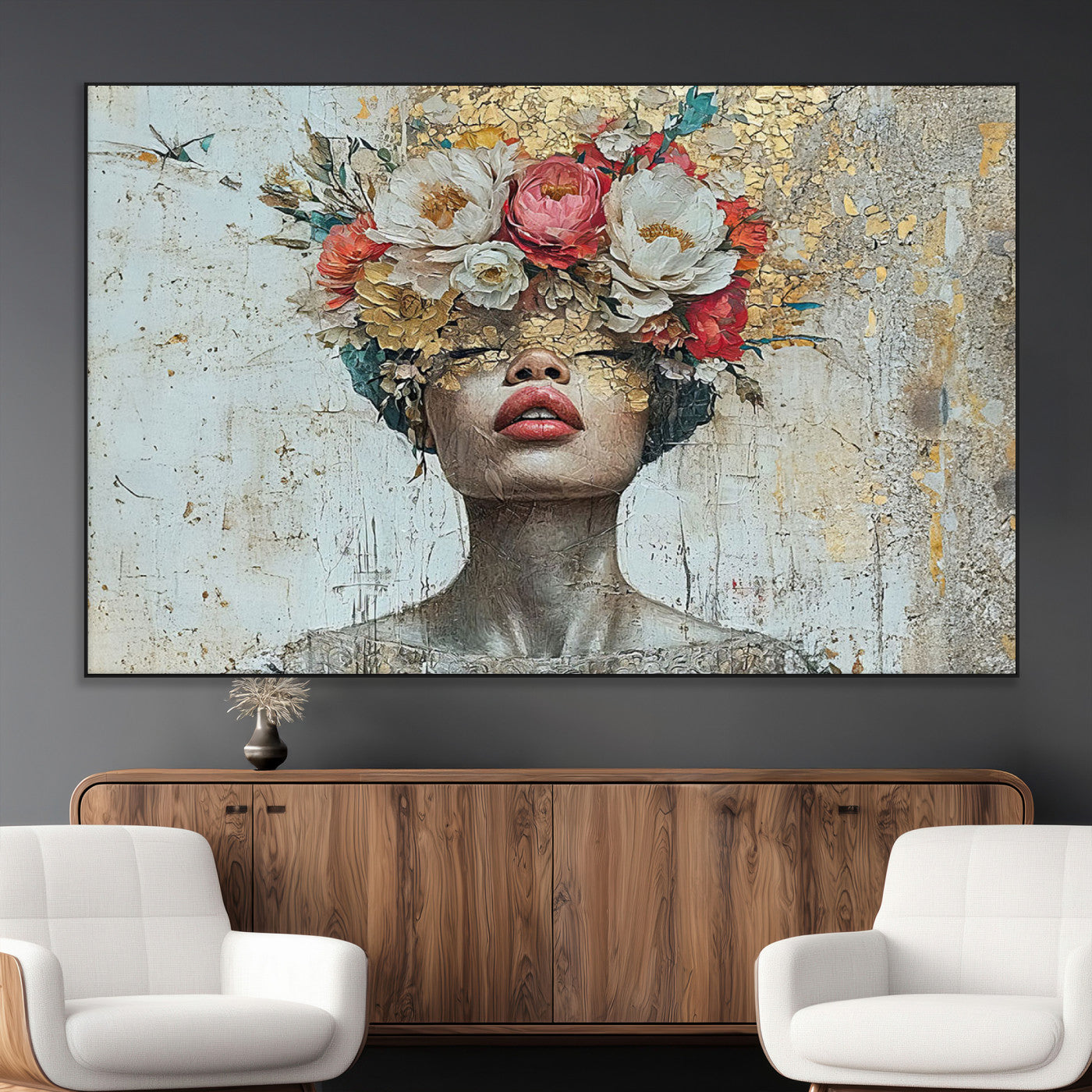 SEG-FC-51X34_Oversize - Golden Petal Wall Art Canvas Print - Silhouette Woman Wall Art Canvas Print, Floral Woman Portrait