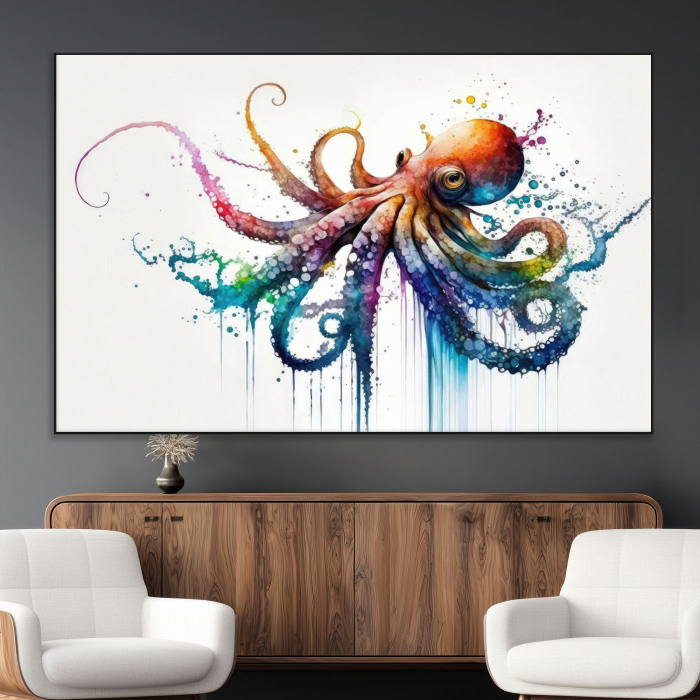 SEG-FC-51X34_Oversize - Watercolor Vibrant Octopus Wall Art Canvas Print | Abstract Sea Life Art | Colorful Marine Creature