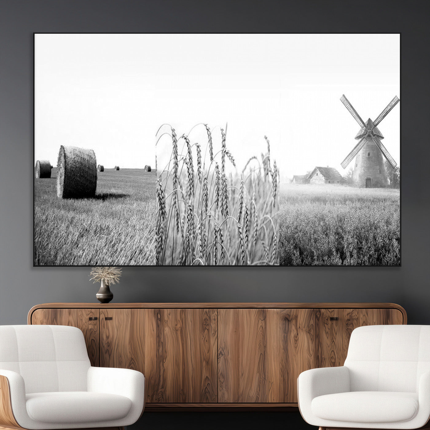 SEG-FC-51X34_Oversize - Vintage Farmhouse Black and White Triptych Wall Art – Giclee Canvas Featuring Wheat Fields, Hay