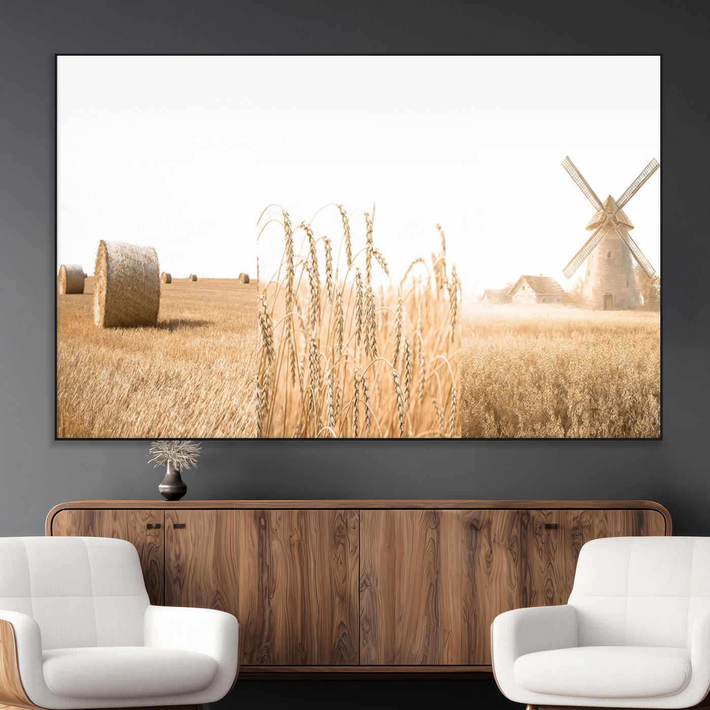 SEG-FC-51X34_Oversize - Vintage Farmhouse Triptych Wall Art – Giclée Canvas Featuring Wheat Fields, Hay Bales, and a