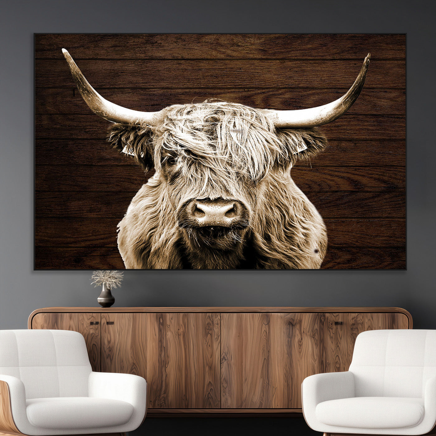 SEG-FC-51X34_Oversize - Highland Cow Wall Art Canvas Print, Rustic Farmhouse Decor, Majestic Scottish Highland Bull Portrait
