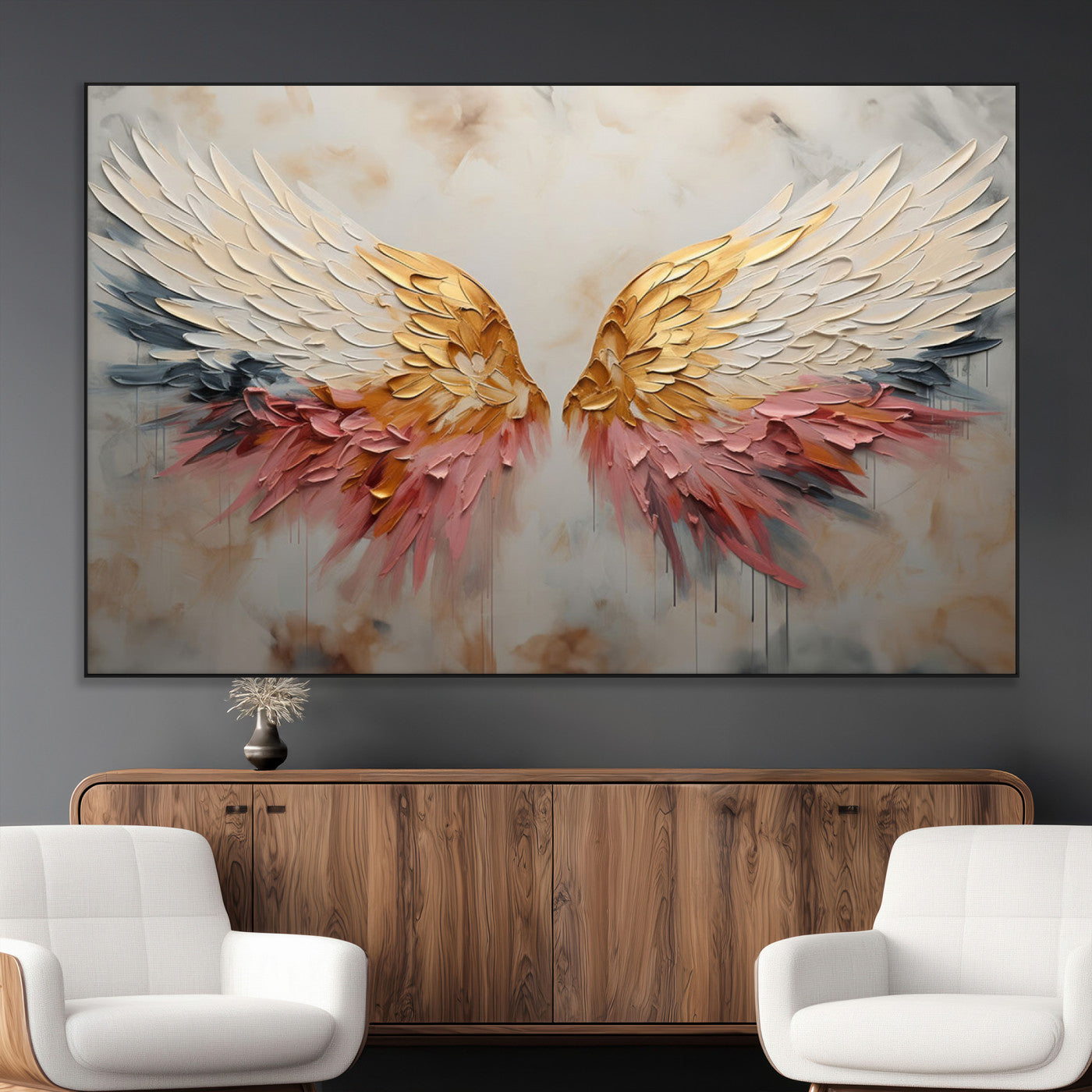 SEG-FC-51X34_Oversize - Golden Angel Wings Wall Art Canvas Print – Stunning Abstract Winged Art for Elegant Home Decor –