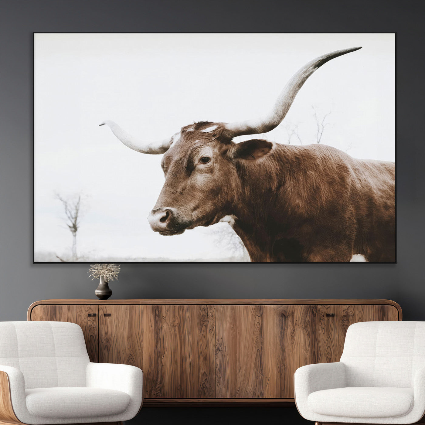 SEG-FC-51X34_Oversize - Rustic Bull Wall Art Canvas Print – Modern Longhorn Farmhouse Animal Decor – Abstract Farm Cow