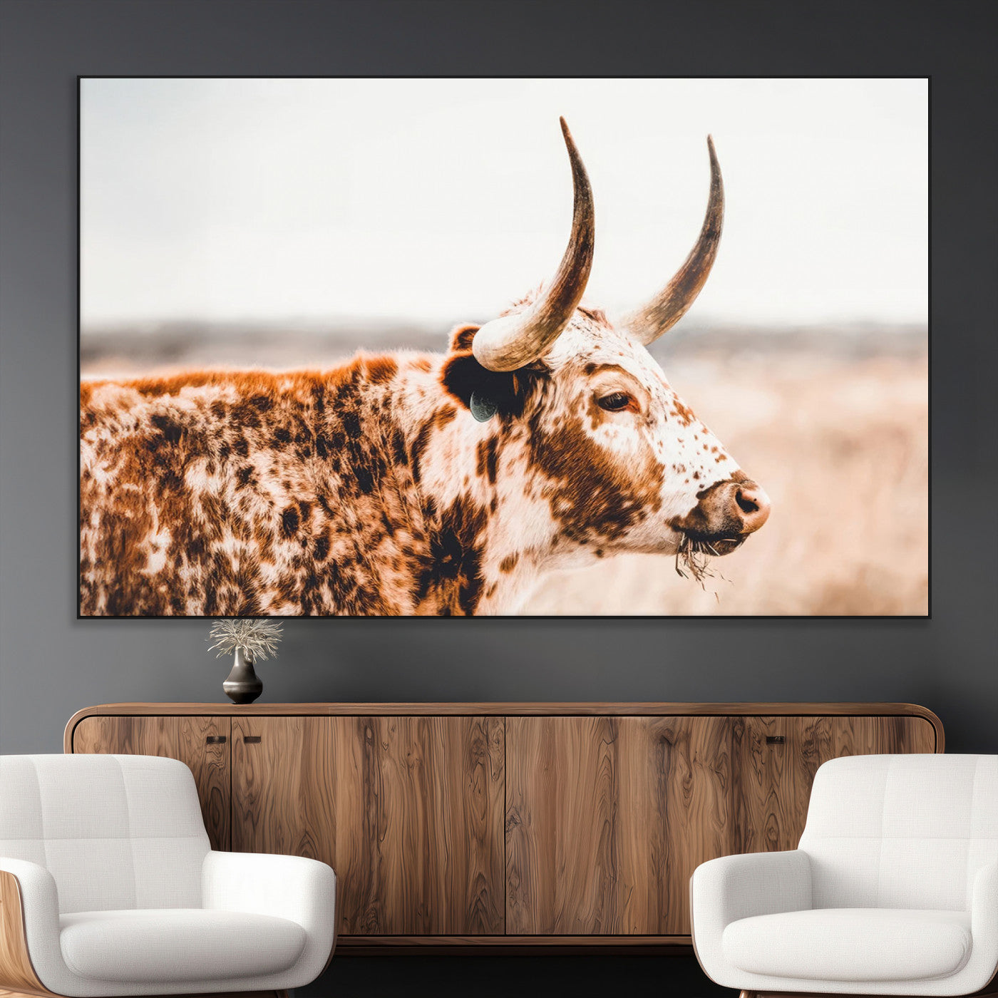 -Speckled Bull Wall Art Canvas Print – Rustic Cow Longhorn Farmhouse Animal Decor – Western Longhorn