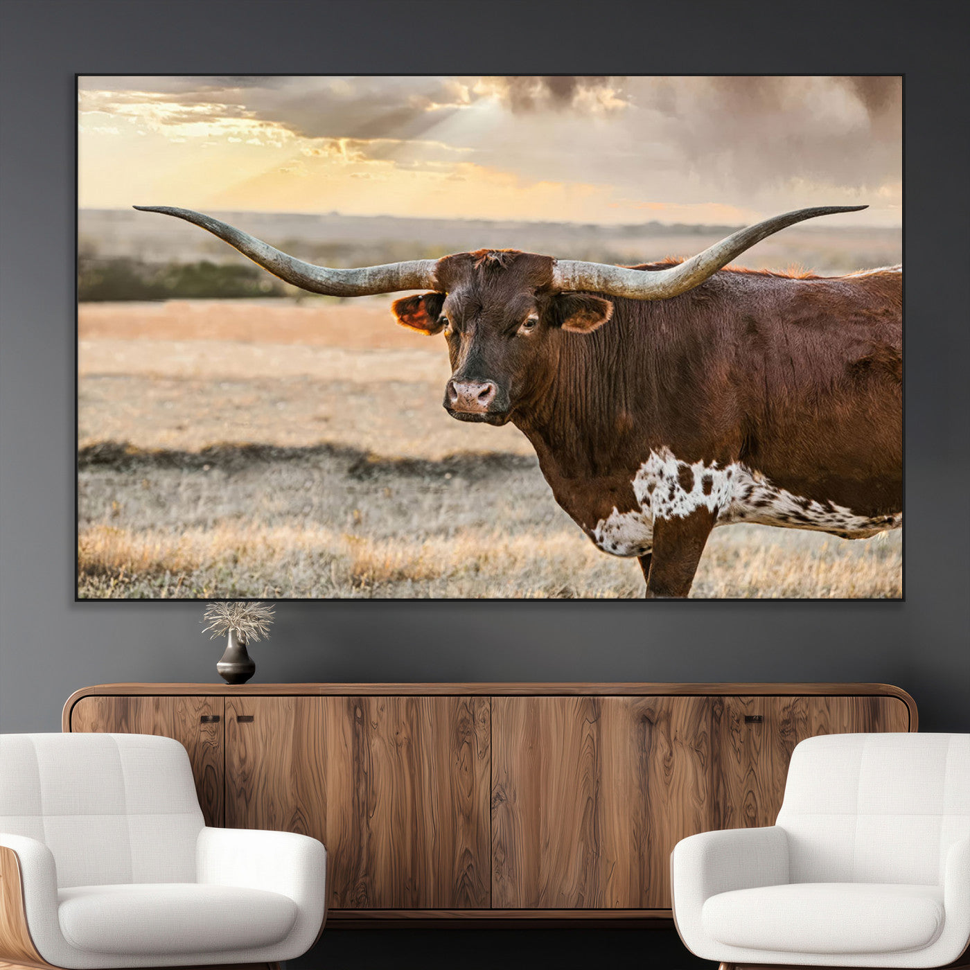 SEG-FC-51X34_Oversize - Texas Longhorn Wall Art Canvas Print, Rustic Ranch Decor, Majestic Western Longhorn Cattle