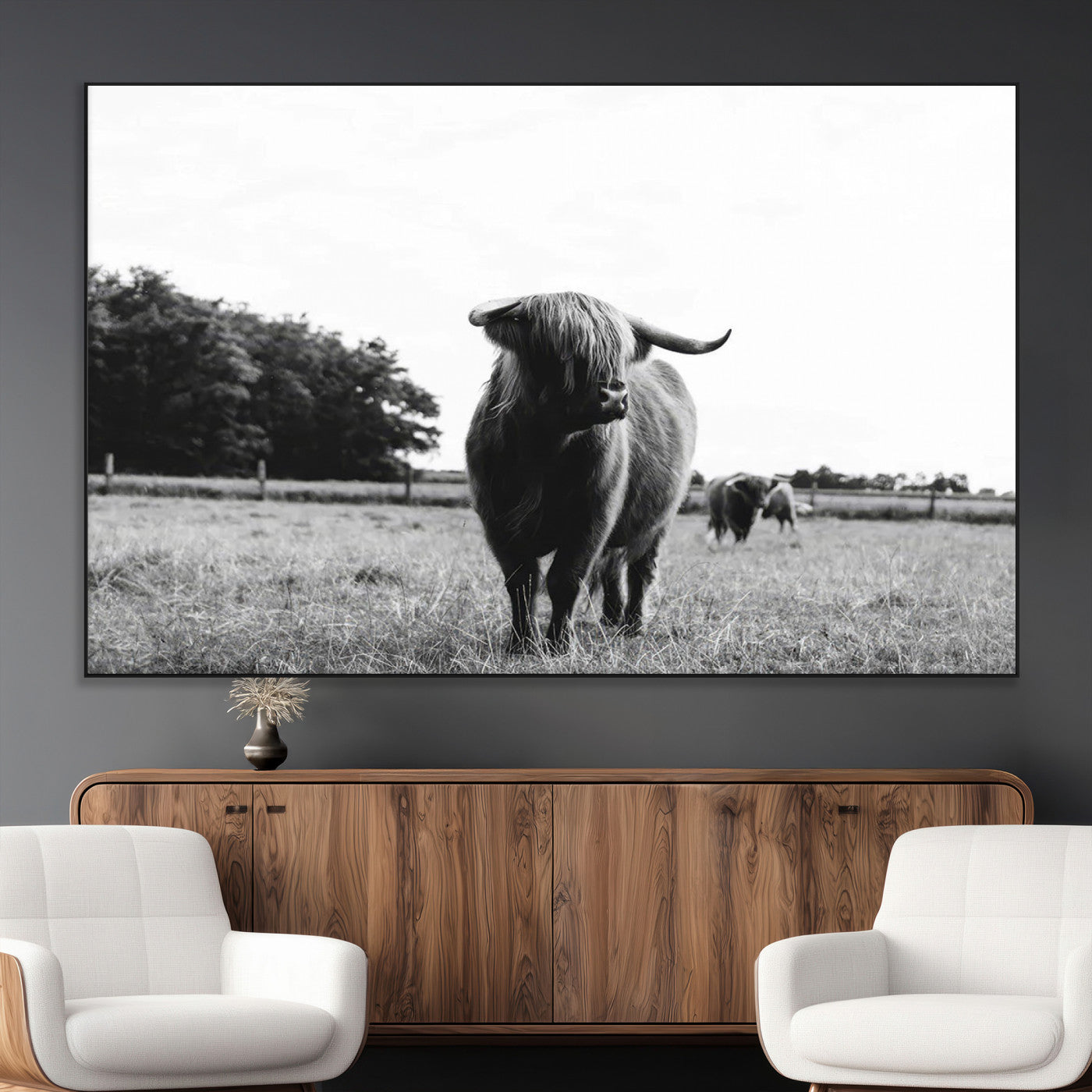 SEG-FC-51X34_Oversize - Black and White Highland Cow Wall Art Canvas Print | Rustic Western Decor for Living Room or Office,
