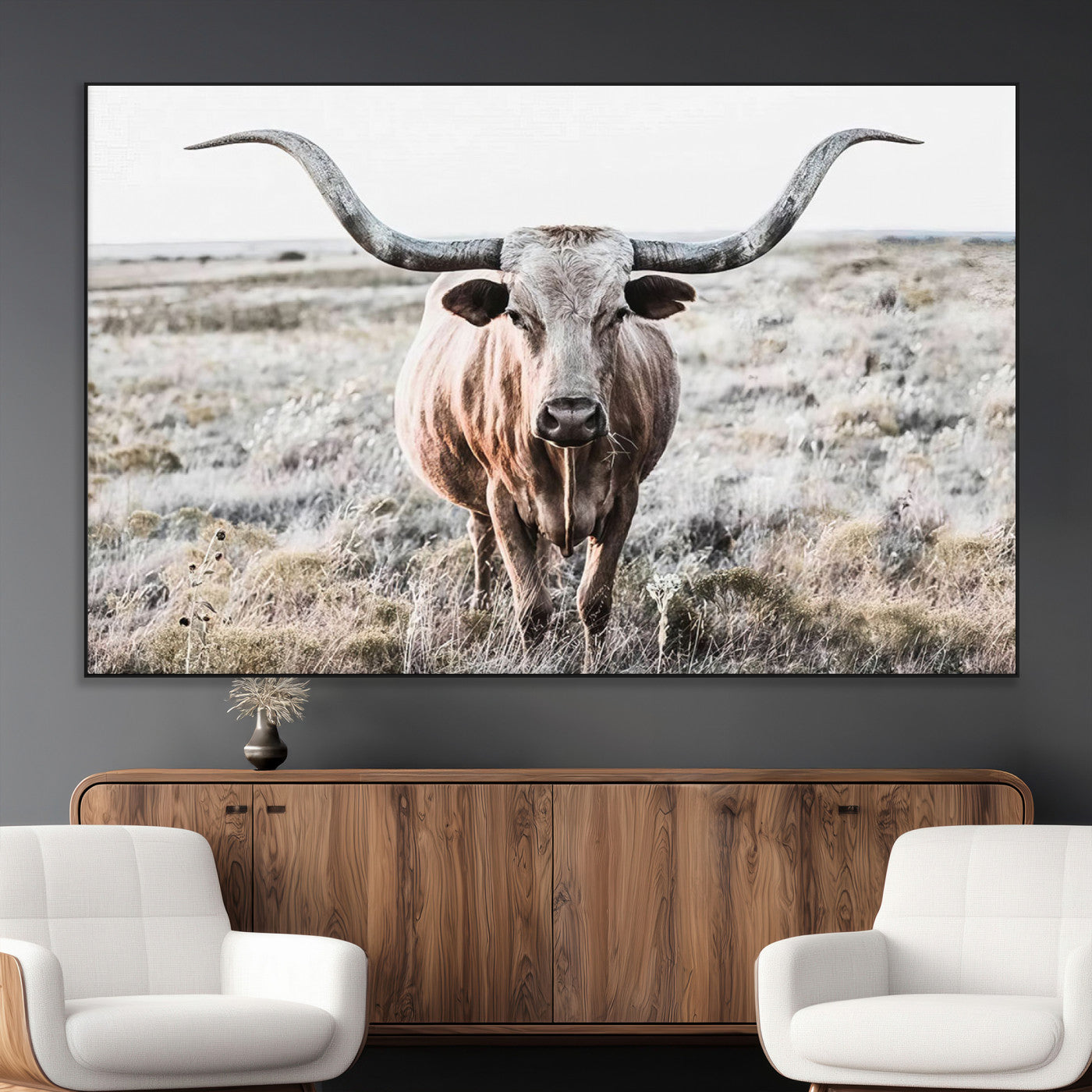 -Rustic Texas Longhorn Wall Art Canvas Print | Western Farmhouse Decor for Living Room or Office,