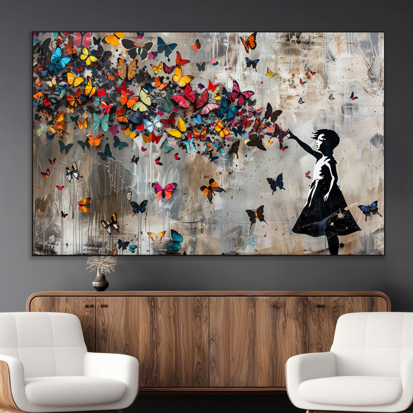 SEG-FC-51X34_Oversize - Banksy Wall Art - Banksy Girl and Butterfly Explosion Wall Art Canvas Print | Girl with Butterflies