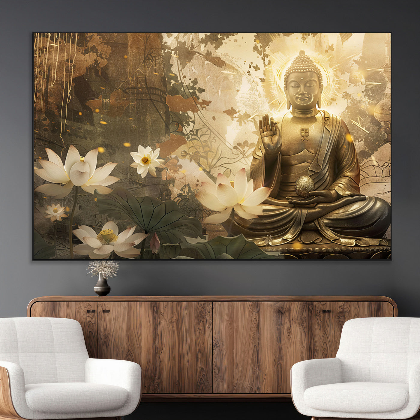 SEG-FC-51X34_Oversize - Zen Buddha Wall Art Canvas Print | Peaceful Meditation Decor with Lotus Flowers | Spiritual Serenity