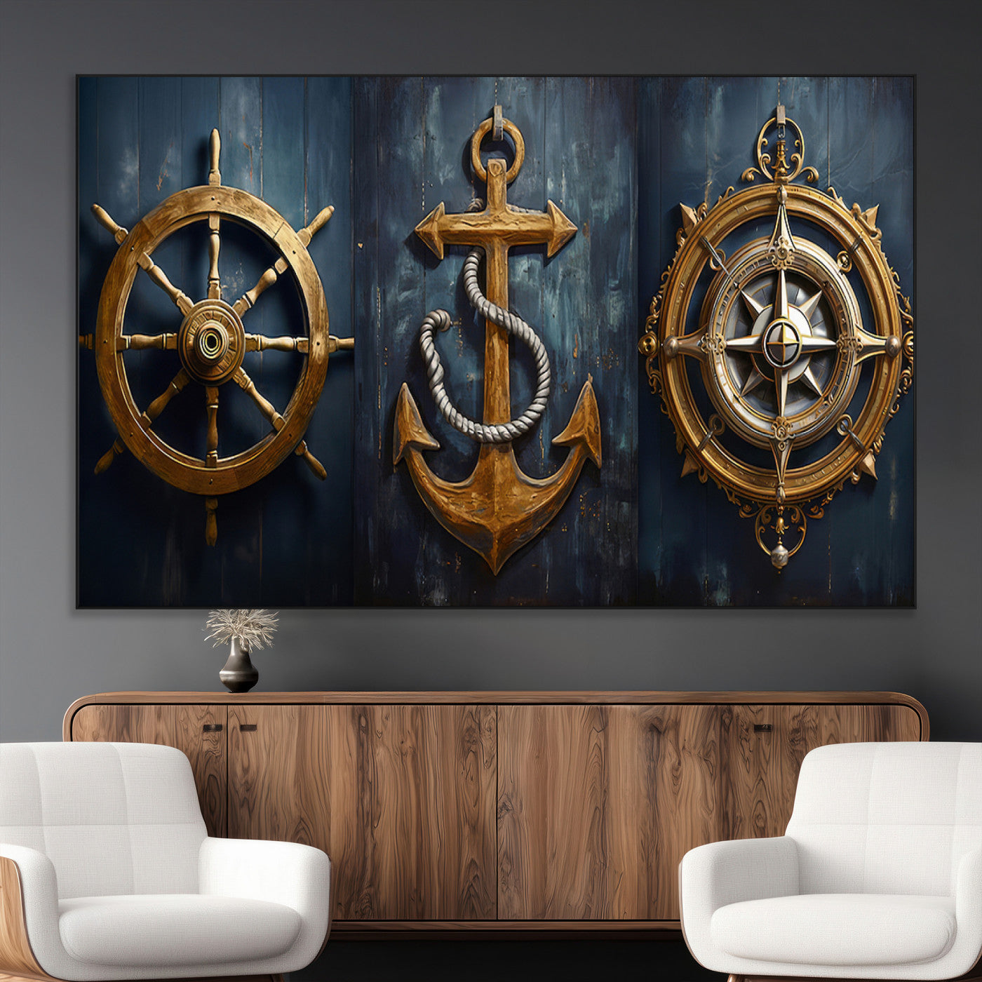 SEG-FC-51X34_Oversize - Boat Anchor Compass With Rope Wall Art Canvas Print | Beach House Wall Art