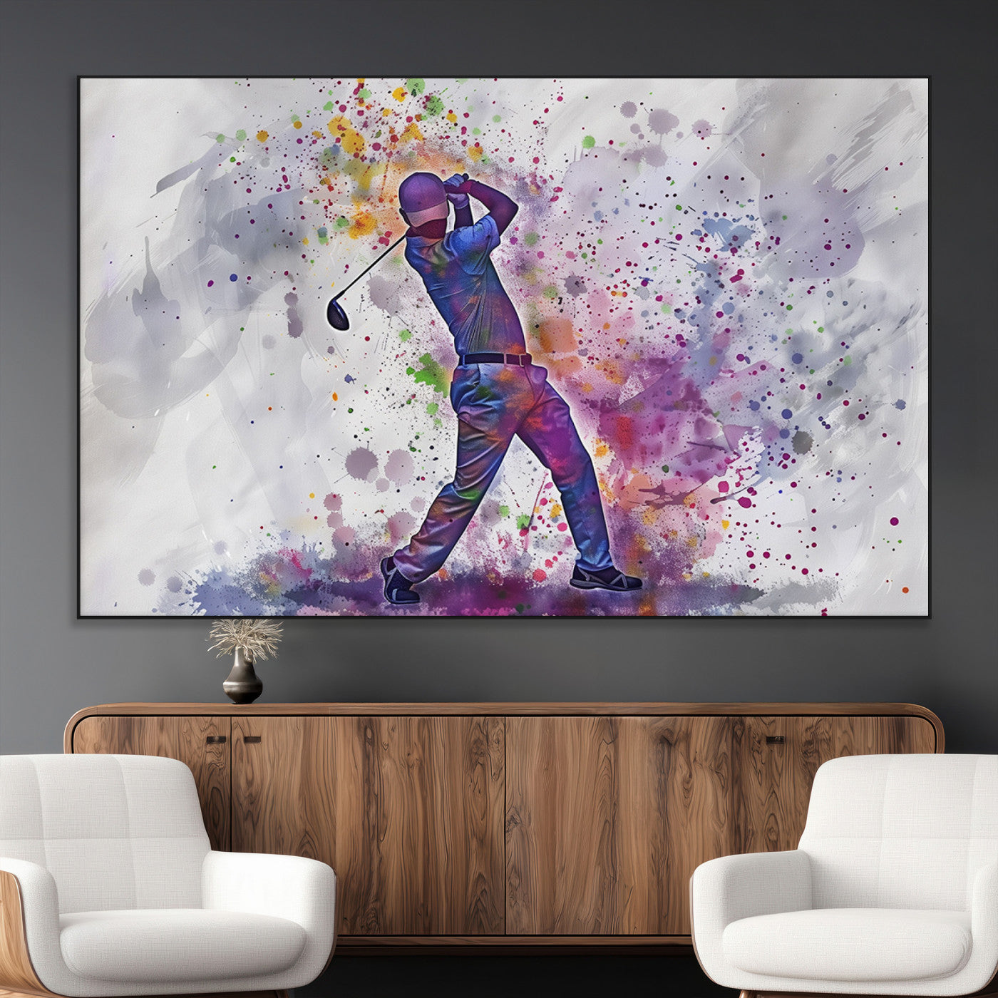 SEG-FC-51X34_Oversize - Watercolor Golf Swing Wall Art Canvas Print | Vibrant Abstract Golf Player Silhouette |