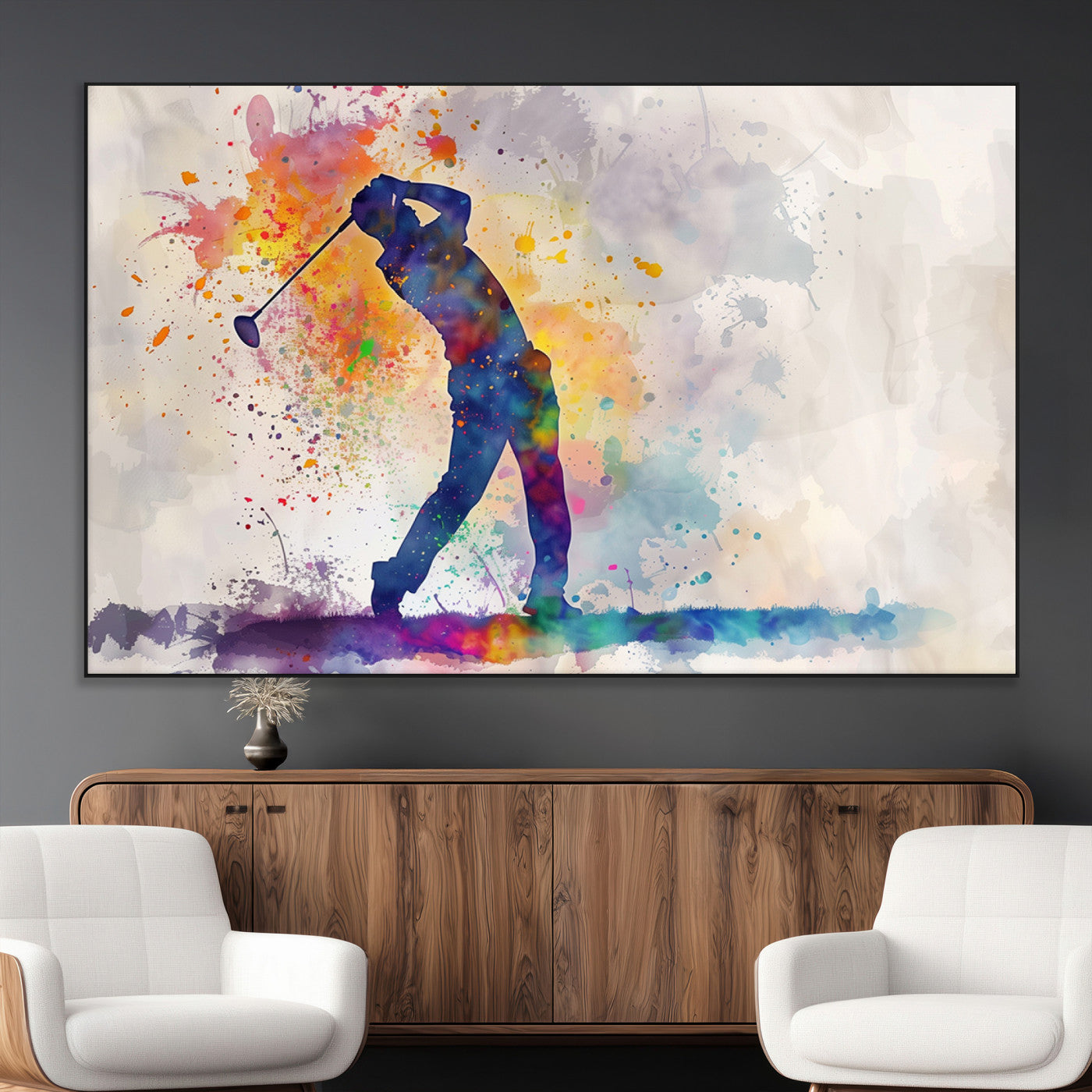 SEG-FC-51X34_Oversize - Watercolor Golf Swing Wall Art Canvas Print | Vibrant Abstract Golf Player Silhouette |