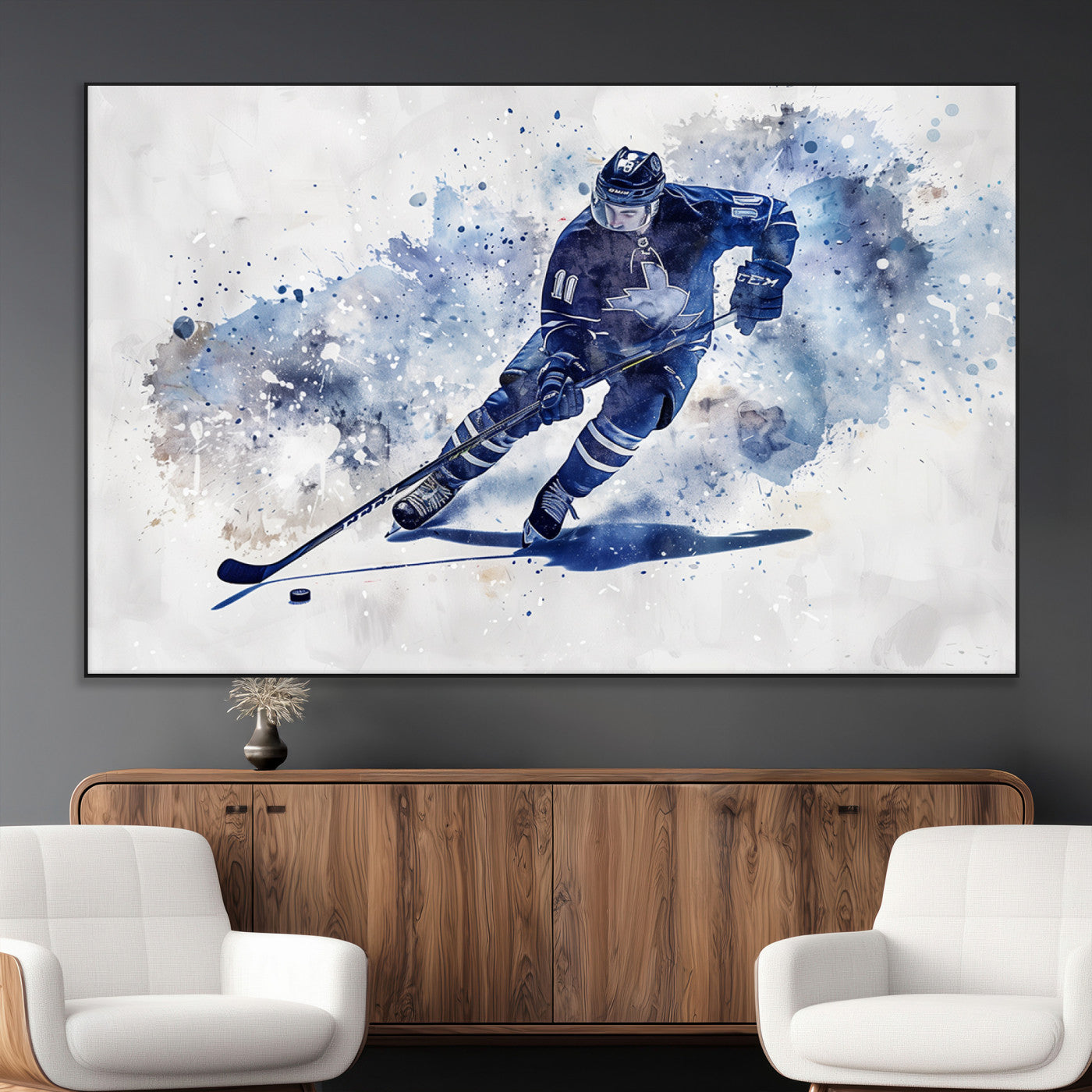 SEG-FC-51X34_Oversize - Hockey Player Wall Art Canvas Print - Sports-Inspired Watercolor Decor - Ready to Hang