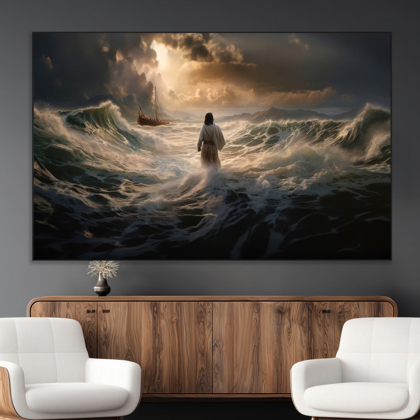 SEG-FC-51X34_Oversize - Jesus Walking on Water Wall Art Canvas Print - Religious Spiritual Decor - Jesus Wall Art Canvas