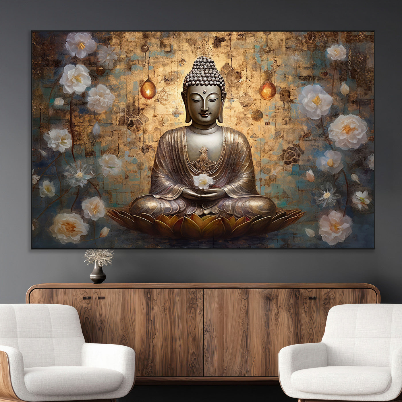 SEG-FC-51X34_Oversize - Golden Buddha Wall Art Canvas Print | Zen Meditation Floral Decor | Tranquil Spiritual Home Art |