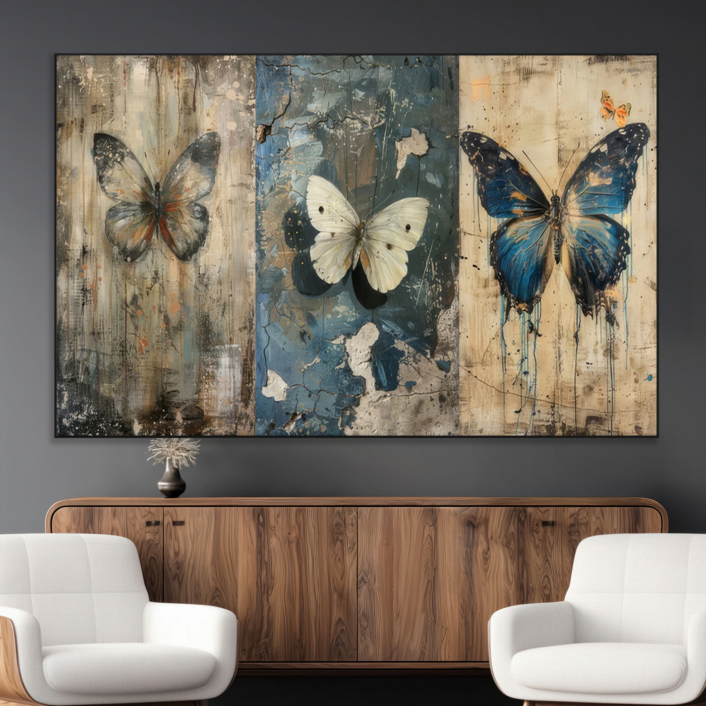 SEG-FC-51X34_Oversize - Butterfly Wall Art Trio | Vintage Butterfly Canvas Print | Ready to Hang Framed Artwork for