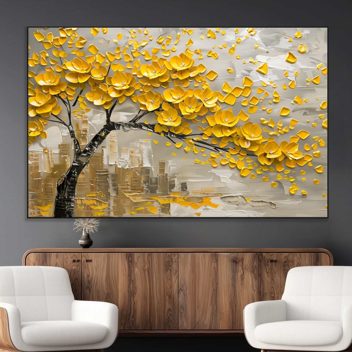 SEG-FC-51X34_Oversize - Yellow Blossom Tree Canvas Wall Art - Floral Abstract Modern Contemporary Artwork for Living Room or