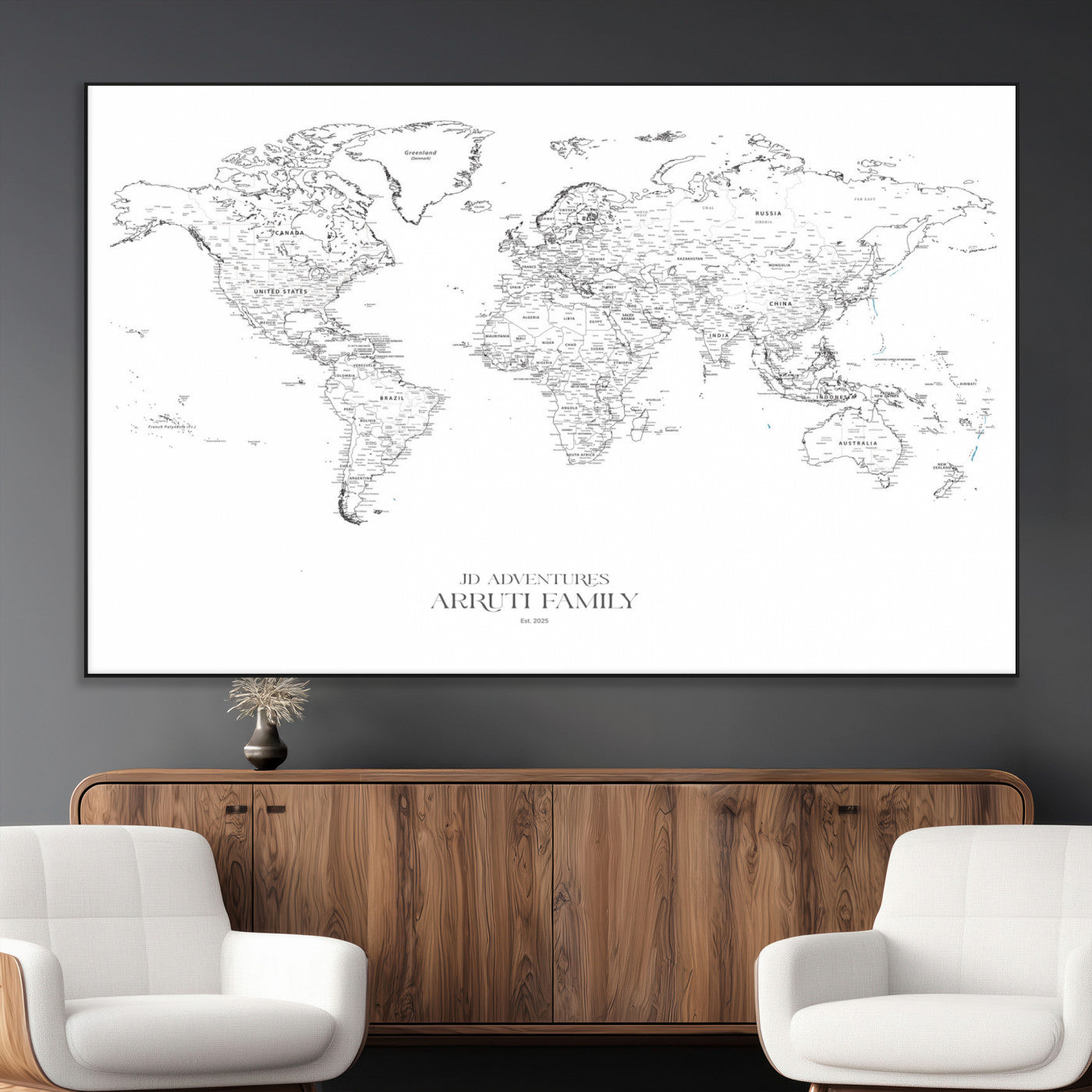 SEG-FC-51X34_Oversize - Custom World Map Wall Art – Personalized Framed Canvas Print with Push Pins for Travel Tracking,