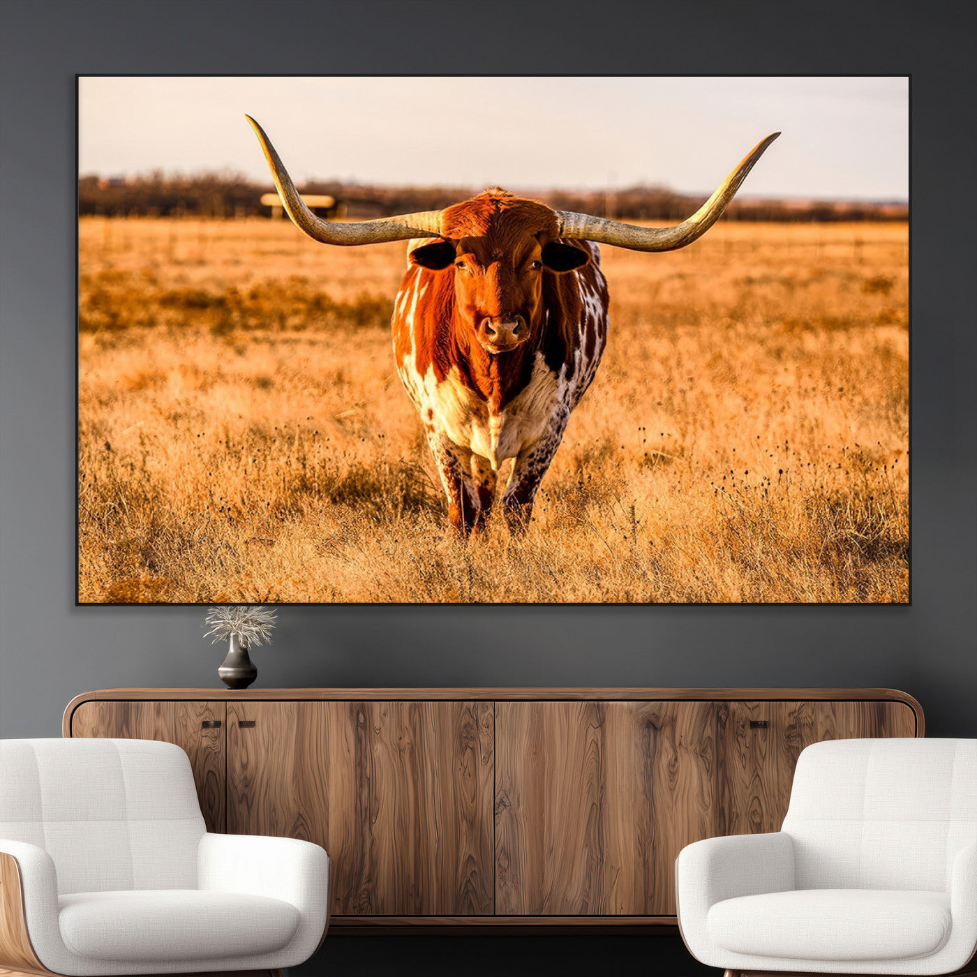 SEG-FC-51X34_Oversize - Longhorn Cow Wall Art | Ready to Hang Framed Canvas Print for Farmhouse and Barn Decor
