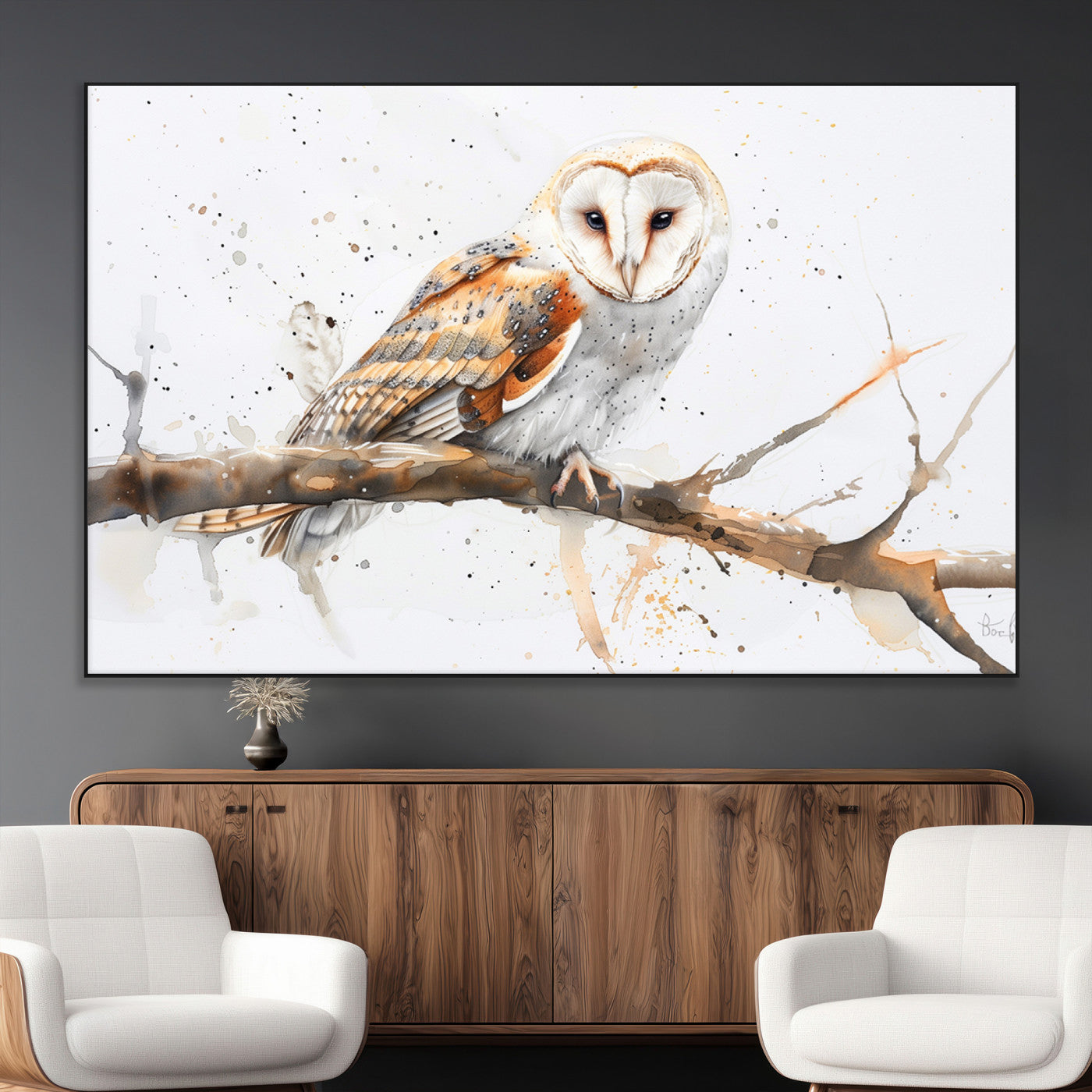 SEG-FC-51X34_Oversize - Barn Owl Wall Art on Branch | Stunning Canvas Print for Nature Lovers | Ready to Hang and Framed