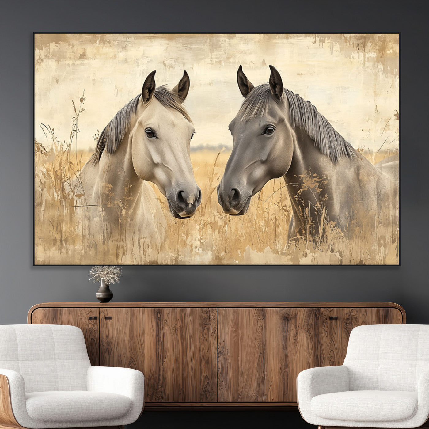 SEG-FC-51X34_Oversize - Chines Ink Style Grunge Horses Wall Art Canvas Print