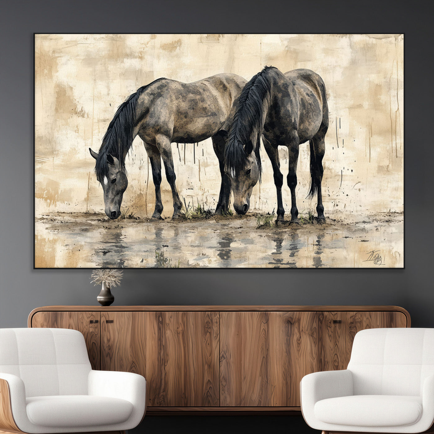 SEG-FC-51X34_Oversize - Chinese Style Abstract Black Horses Wall Art Canvas Print - Abstract Horse Wall Art Canvas Print