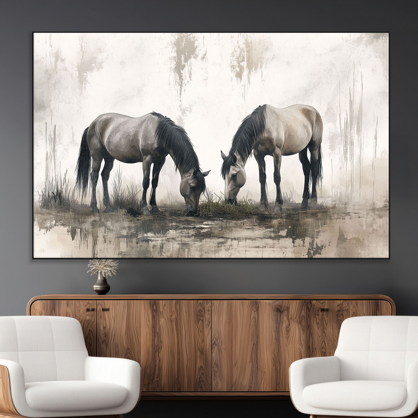 SEG-FC-51X34_Oversize - Chines Ink Style Vintage Horses Wall Art Canvas Print for Farmhouse Wall Decor