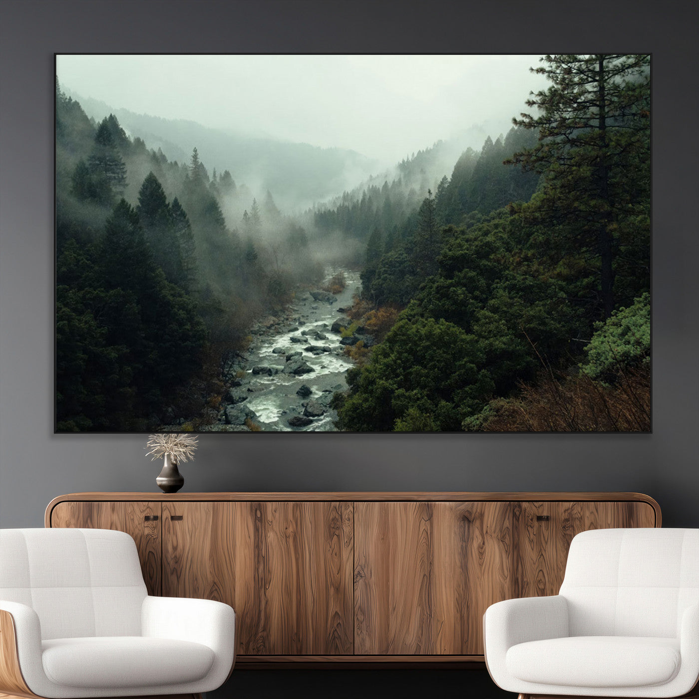 SEG-FC-51X34_Oversize - Misty Forest Wall Art | Ready to Hang and Framed | Tranquil Nature Landscape for Living Room or