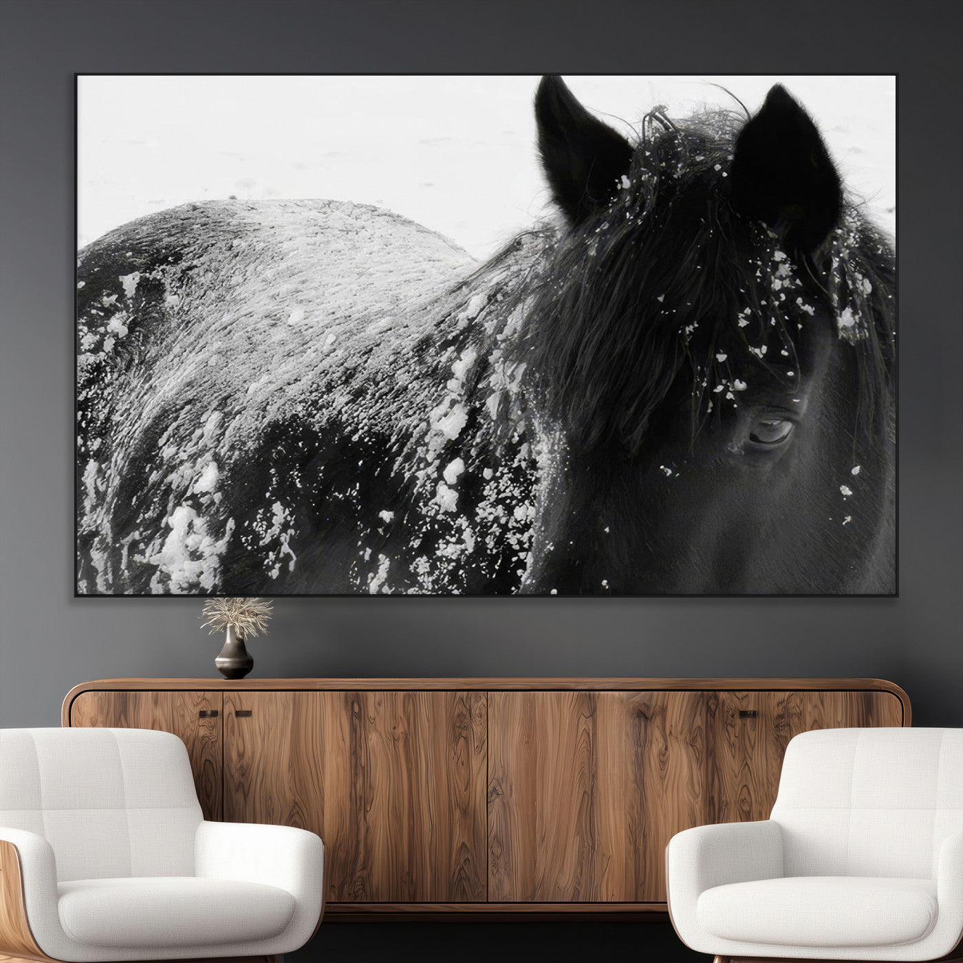 SEG-FC-51X34_Oversize - Black Horse in Snow Canvas Print | Winter Horse Wall Art | Ready to Hang and Framed | Farmhouse Wall