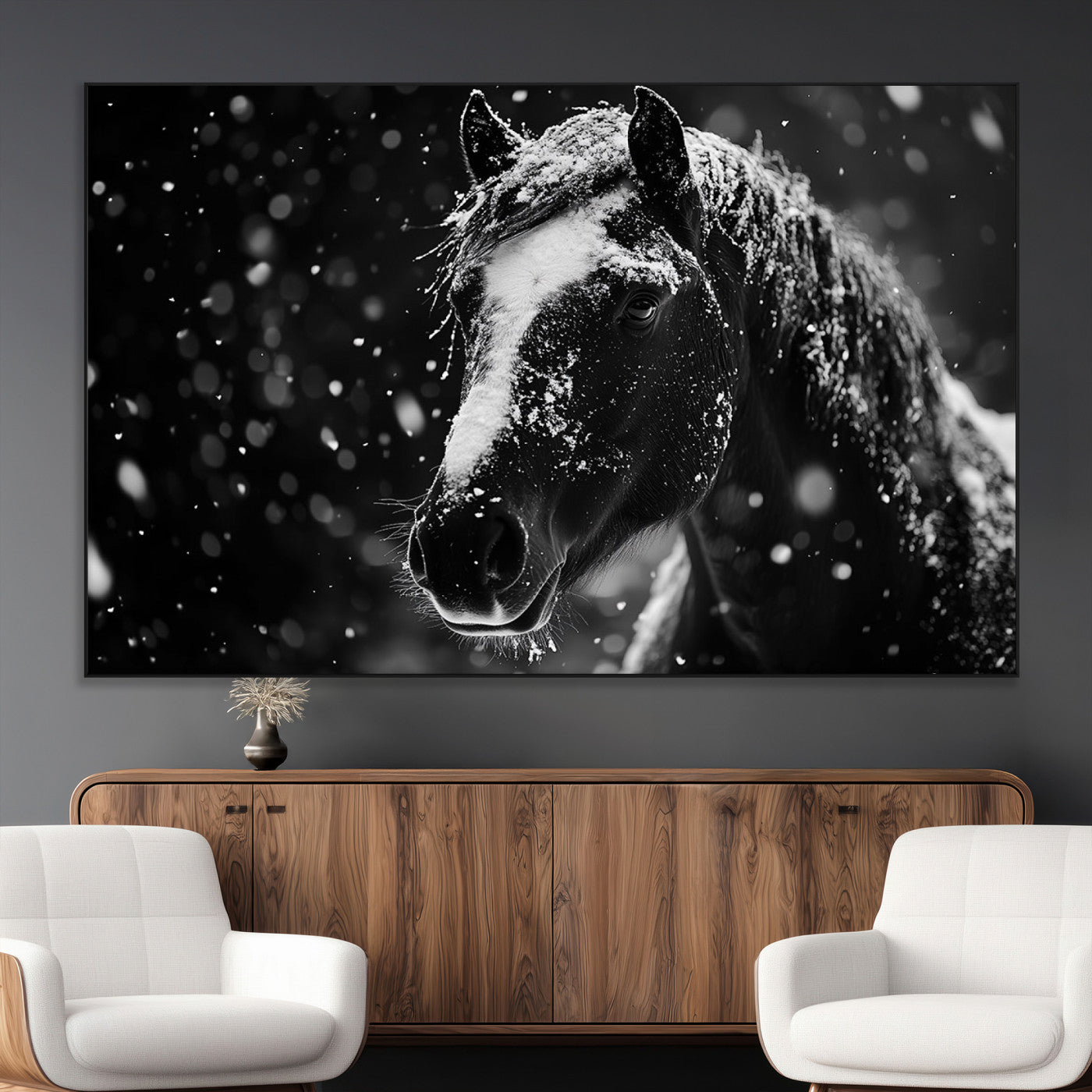 SEG-FC-51X34_Oversize - Winter Horse Wall Art | Black and White Horse Print | Ready to Hang and Framed | Farmhouse Wall Art