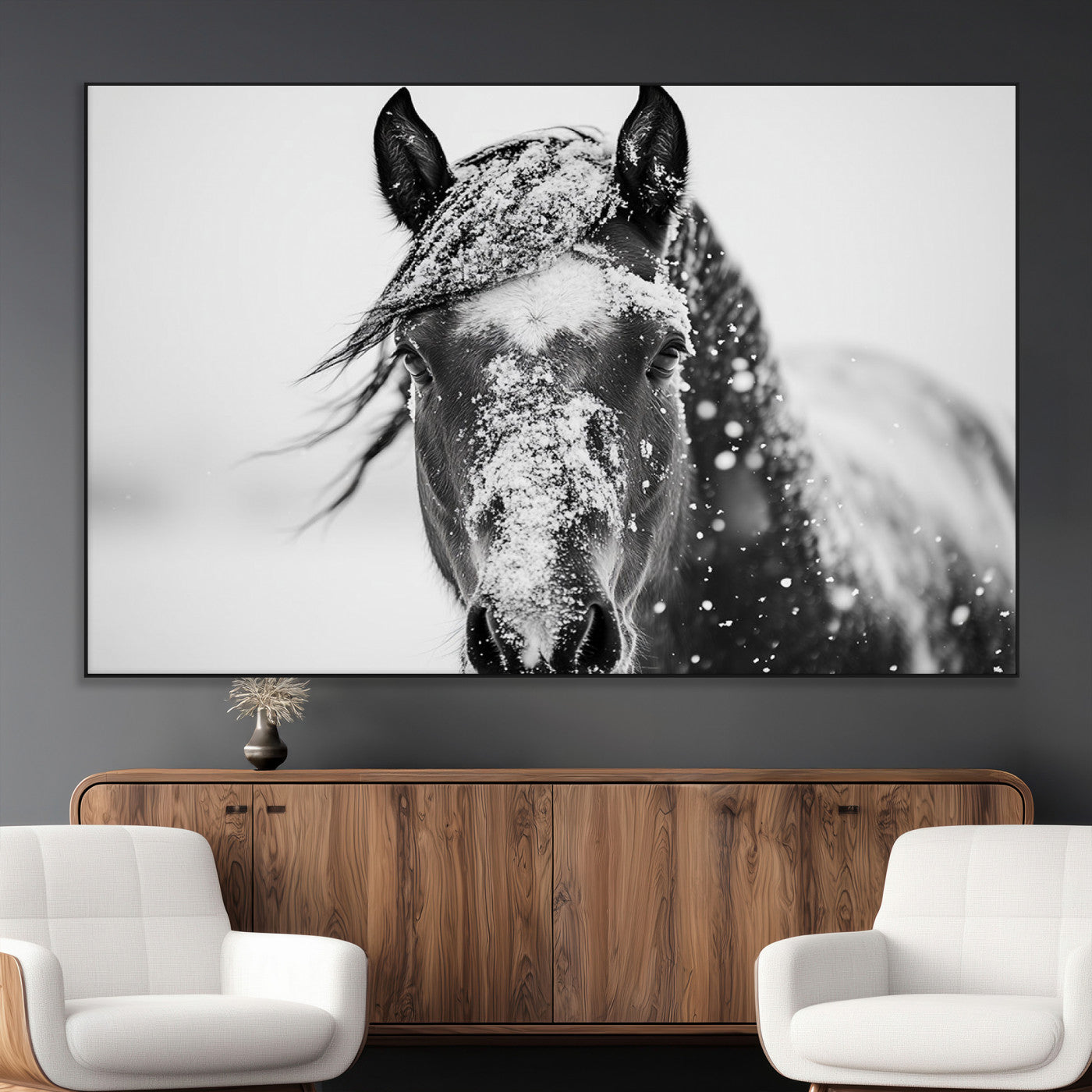 SEG-FC-51X34_Oversize - Western Wall Art | Black and White Winter Horse Wall Art | Ready to Hang and Framed | Farmhouse and