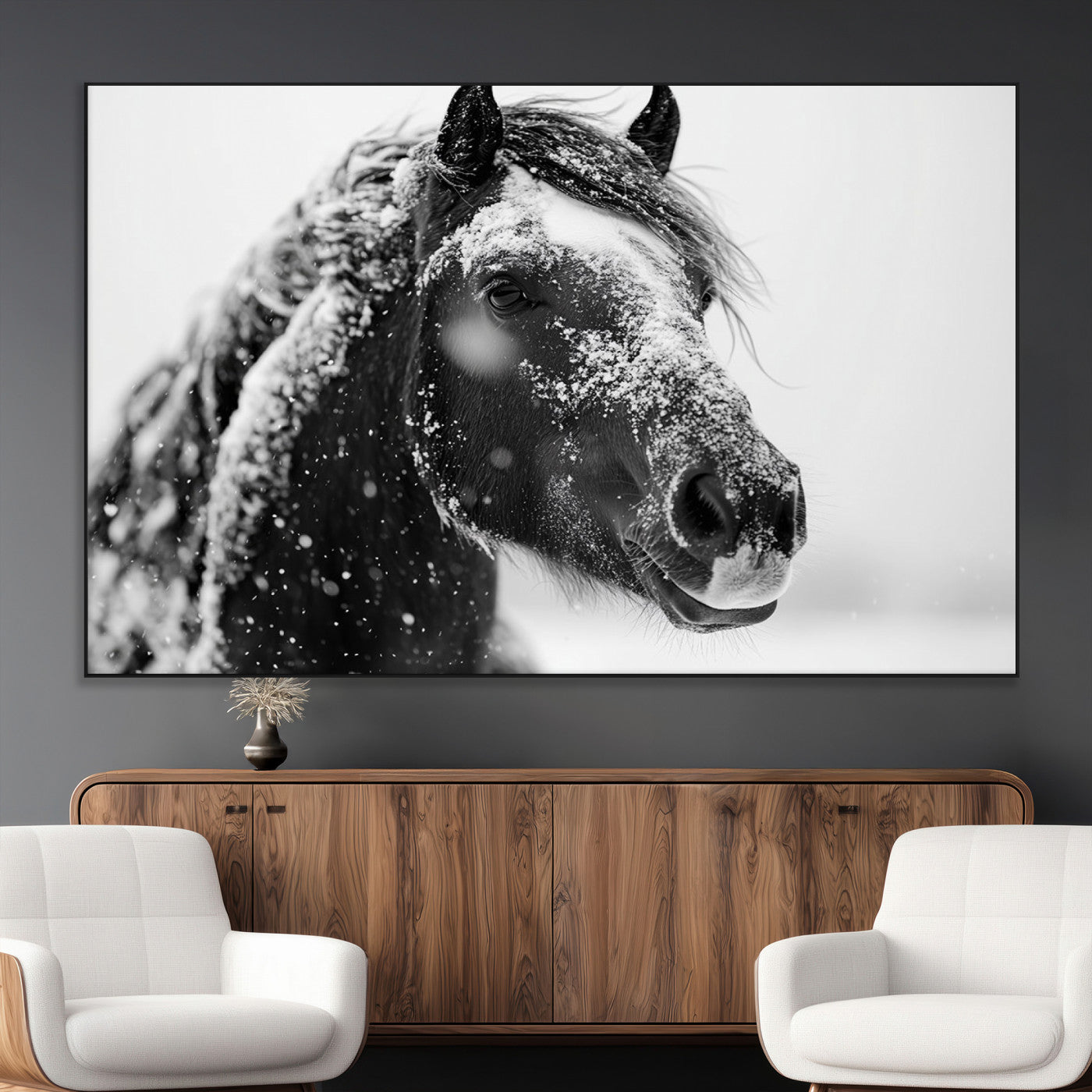 SEG-FC-51X34_Oversize - Winter Horse Canvas Print | Large 3-Panel Black White Equine Photography for Rustic Farmhouse Wall