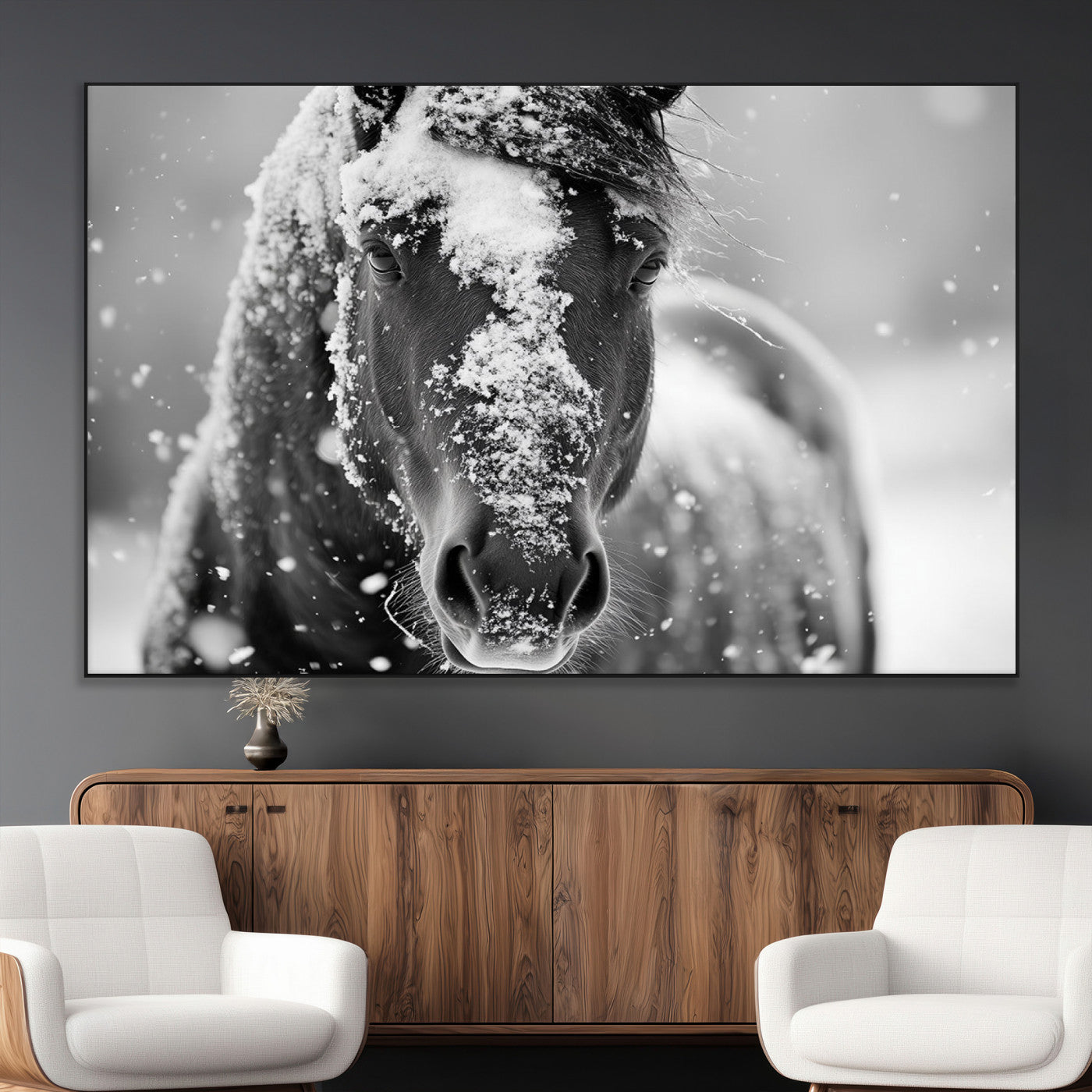 SEG-FC-51X34_Oversize - Black and White Horse Winter Wall Art | Ready to Hang and Framed | Farmhouse Wall Decor | Western