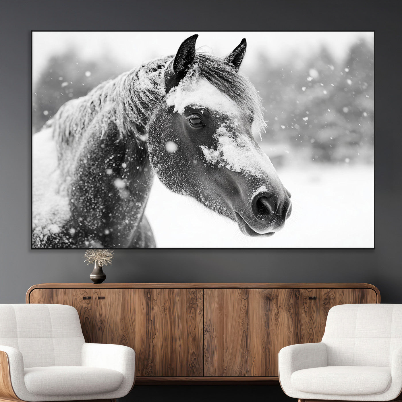 SEG-FC-51X34_Oversize - Black Horse Winter Wall Art | Ready to Hang and Framed | Farmhouse and Western Wall Decor for Living