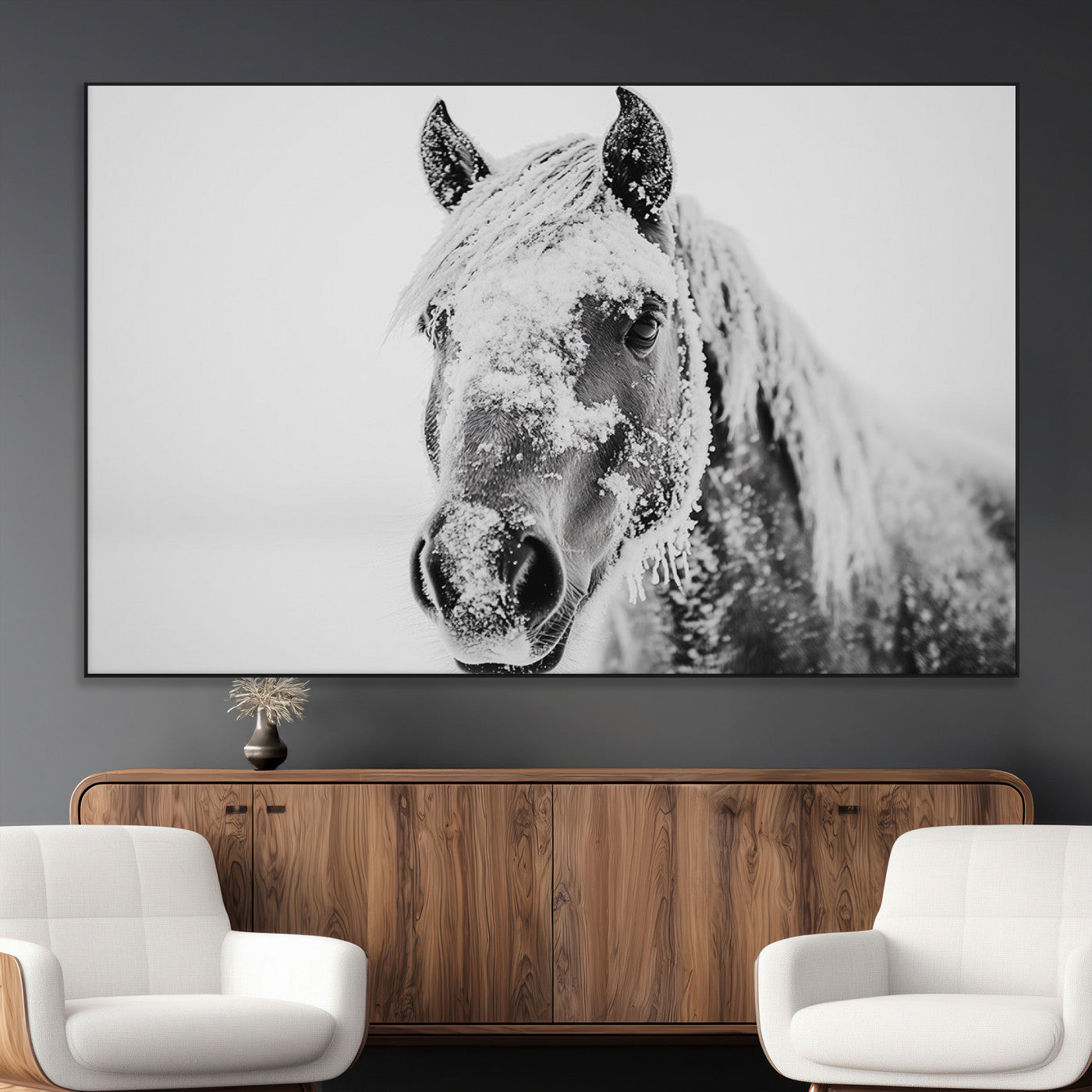 SEG-FC-51X34_Oversize - White Horse Wall Art | Ready to Hang and Framed | Winter Horse Wall Art Print for Farmhouse and