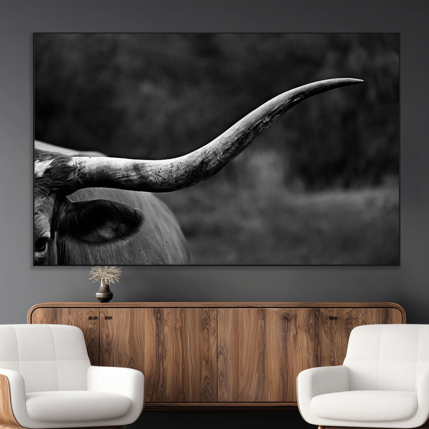 SEG-FC-51X34_Oversize - Cow Longhorn Wall Art | Black and White Print | Ready to Hang and Framed | Farmhouse Wall Decor |