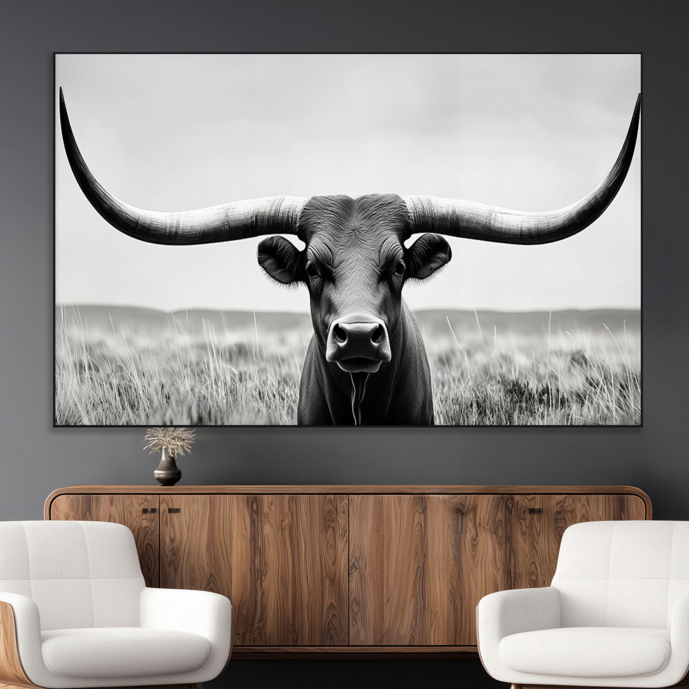 -Longhorn Bull Canvas Print | Rustic Farmhouse Wall Art | Western Decor | Ready to Hang and Framed