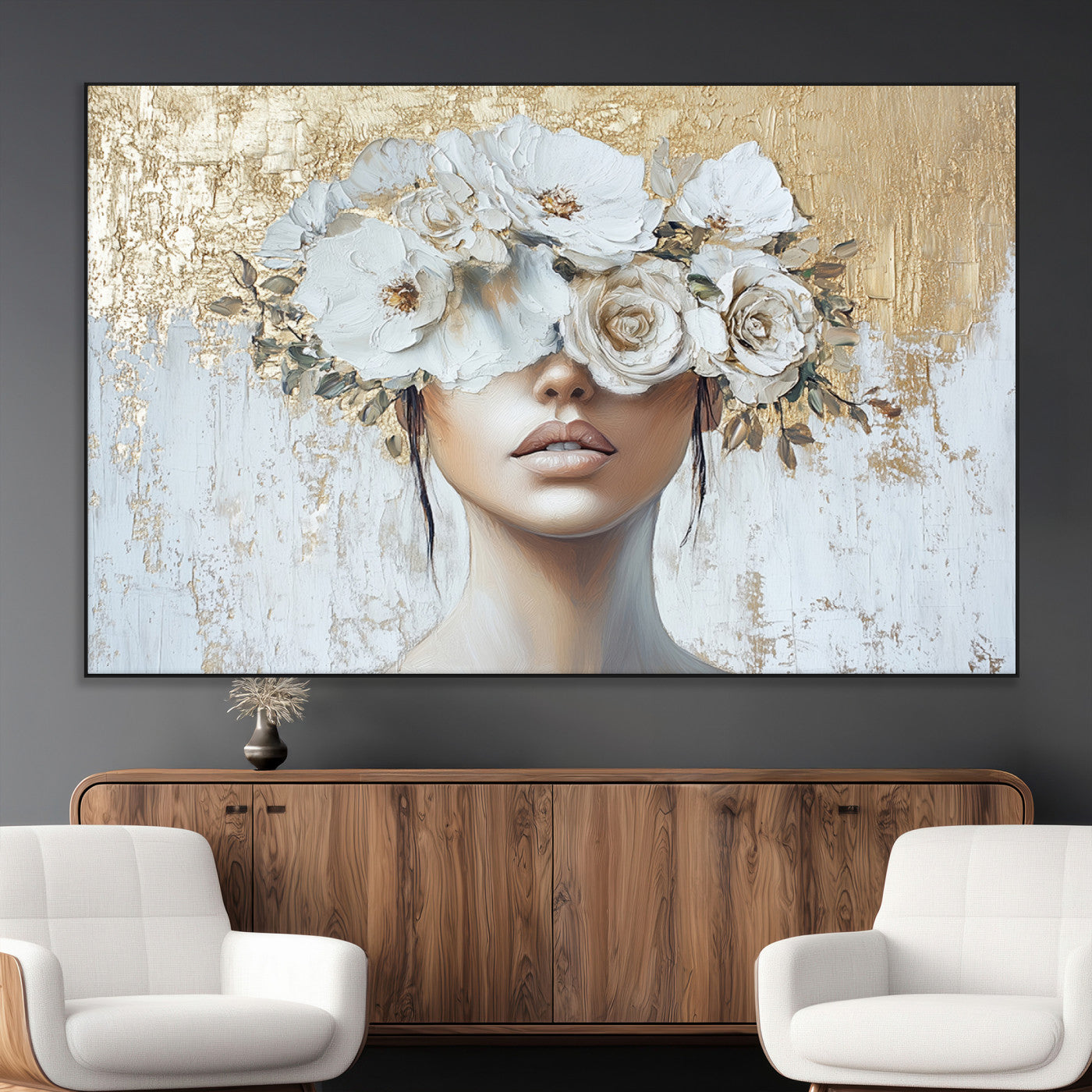SEG-FC-51X34_Oversize - Golden Petal Wall Art - Canvas Print Flower Head Woman Painting Floral Woman Portrait Wall Decor,