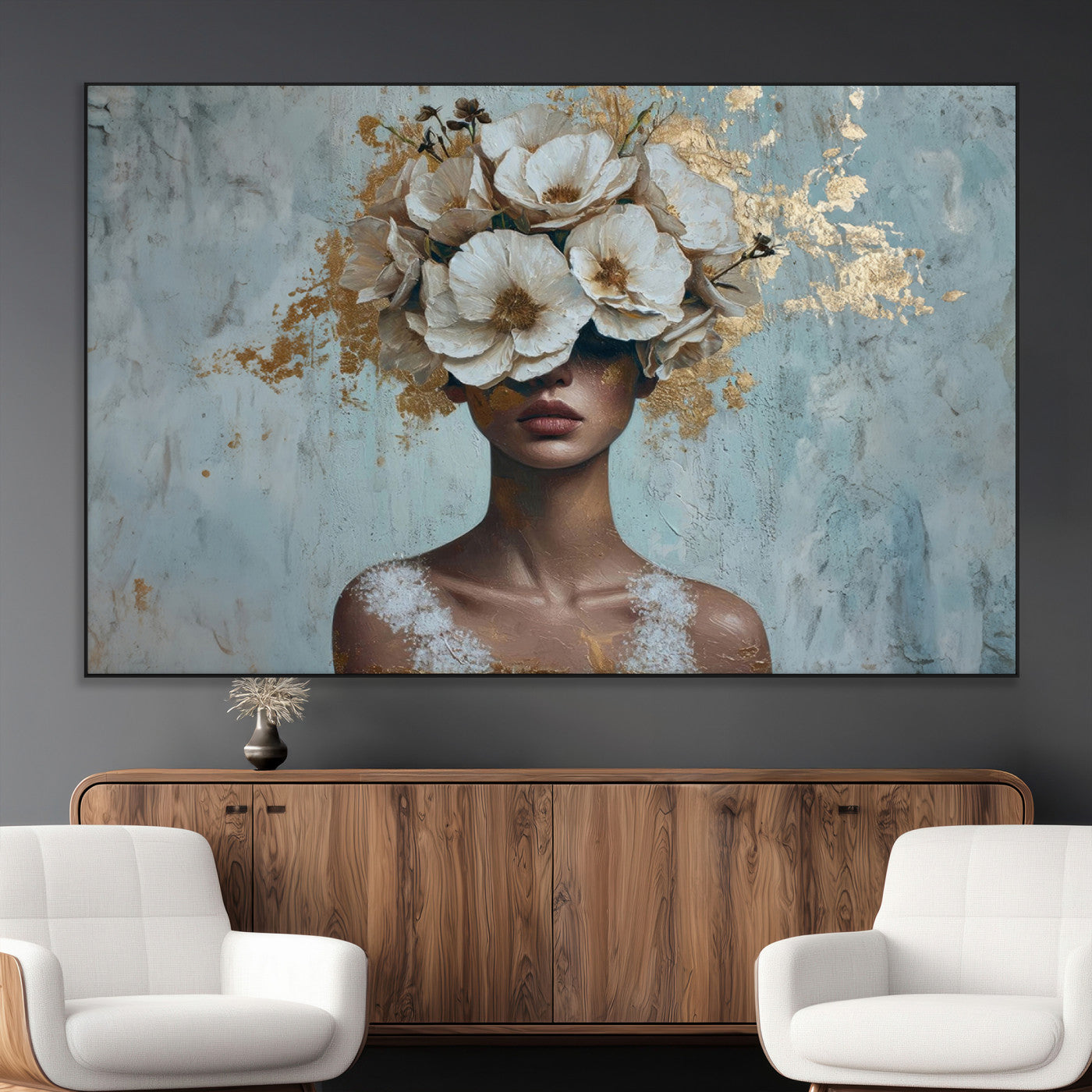 SEG-FC-51X34_Oversize - Golden Petal Wall Art - Petal Silhouette Woman Wall Art Canvas Print | Large 3-Panel Canvas with