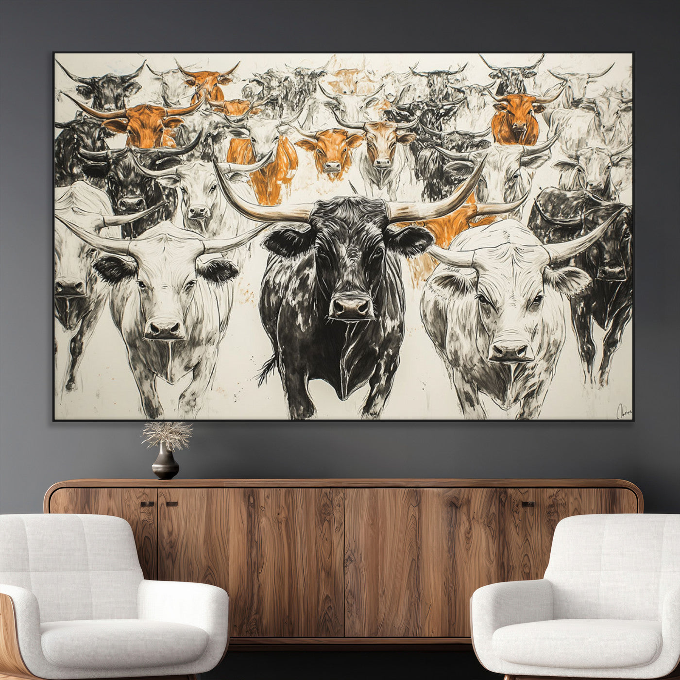 SEG-FC-51X34_Oversize - Texas Longhorn Wall Art - Herd Canvas Wall Art Print - Abstract Cow Drawing Wall Art Print for