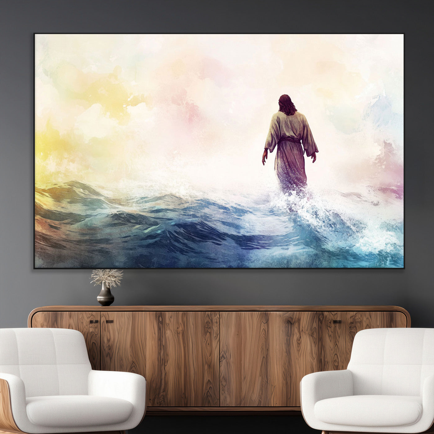 SEG-FC-51X34_Oversize - Watercolor Jesus Walking on Water Canvas Print, Christian Wall Art, Jesus Christ Walking