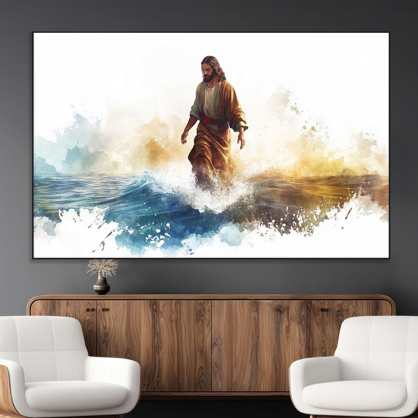 SEG-FC-51X34_Oversize - Watercolor Jesus Walking Wall Art Print, Jesus Water Canvas Print, Christian Wall Art, Jesus Christ