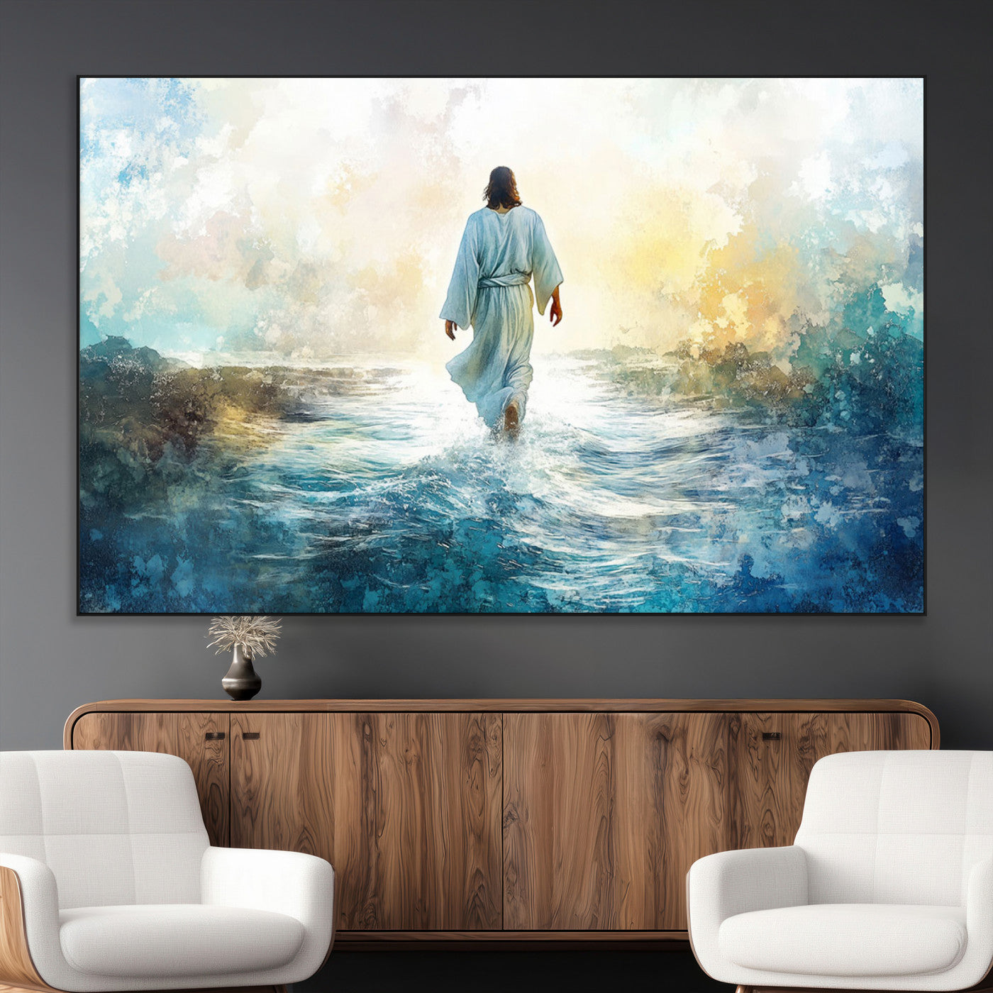 SEG-FC-51X34_Oversize - Watercolor Jesus Walking on Water Canvas Print, Christian Wall Art, Jesus Christ Walking